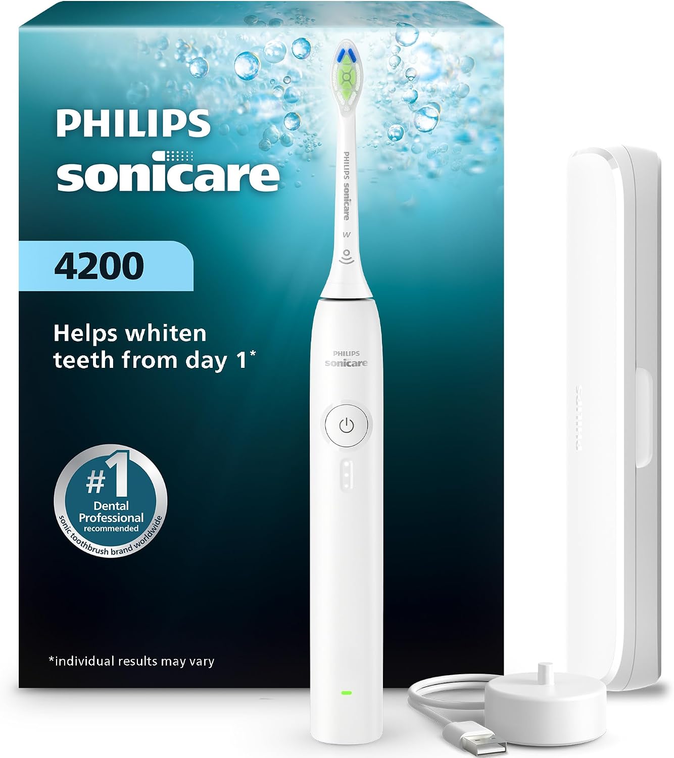 Philips Sonicare 4200 Series Electric Toothbrush - Sonic Toothbrush With Pressure Sensor, 3 Intensity Levels, Easystart Feature, Smartimer & Quadpacer, 14-Day Runtime, Travel Case, White, Hx4053/51
