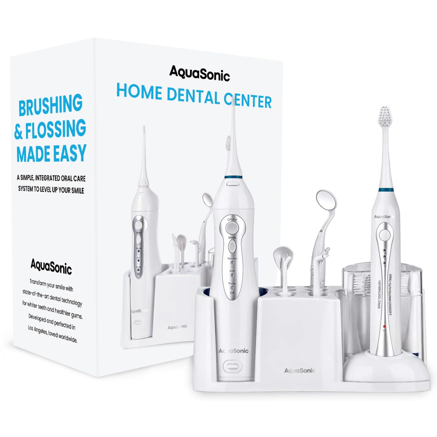 Aquasonic Home Dental Center Rechargeable Power Toothbrush & Smart Water Flosser - Complete Family Oral Care System - 10 Attachments And Tips Included - Various Modes & Timers (White)