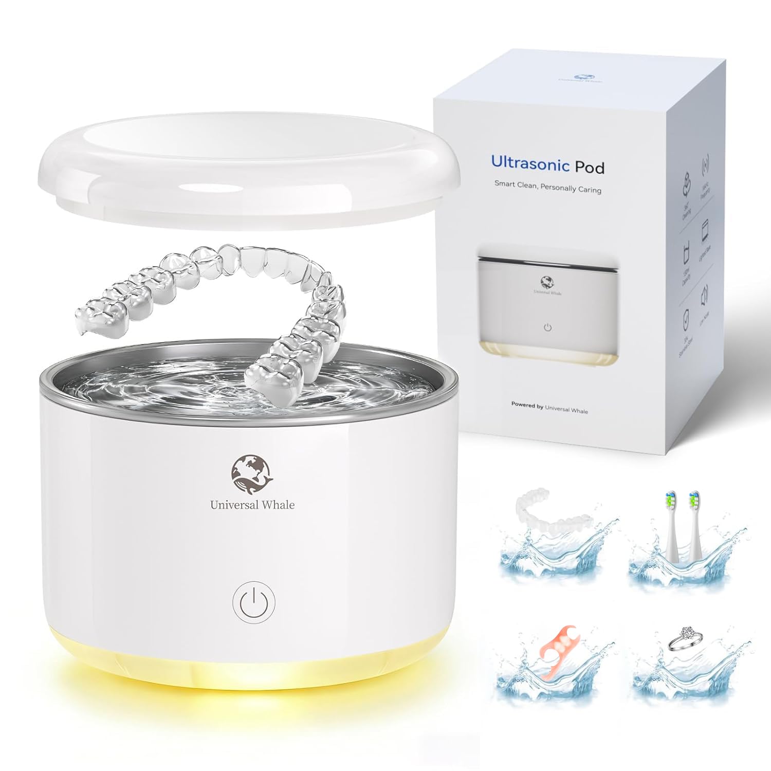 Portable Ultrasonic Cleaner, 56Khz Ultrasonic Retainer Cleaner, Upgraded Lighted Retainer Cleaner Machine For Retainers, Dentures, Braces, Aligner, Mini Travel Design, Jewelry For Home (White)