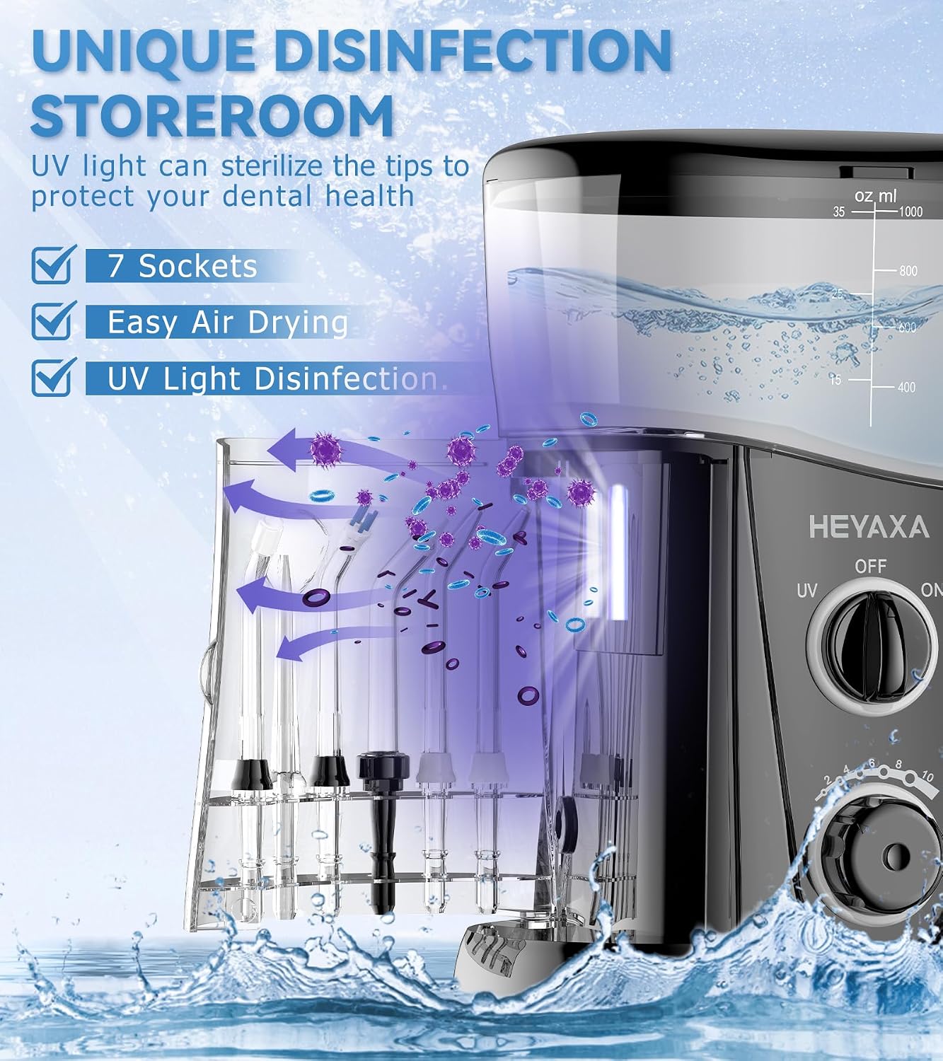 Heyaxa Water Dental Flosser For Teeth Cleaning With 1000Ml Large Capacity And Uv Storage, 10 Adjustable Pressure Electric Oral Irrigator With 7 Jet Tips For Home Use, Gums, Braces (Black)