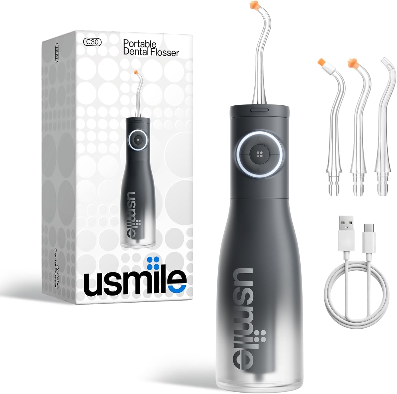 Usmile C30 Cordless Water Flosser, 300Ml Large Tank, 5 Pressure Levels Deep Clean, S-Shaped Nozzles For Braces & Sensitive Gums, USB-C Rechargeable, Ipx7 Waterproof, Portable Travel & Home Use(Black)