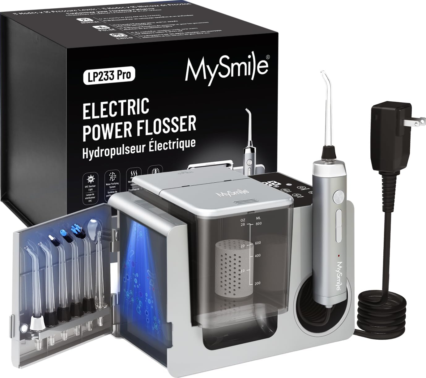 Mysmile Lp233 Pro Uvc Sterilizable Countertop Water Flossers For Teeth 800Ml Digital Display Electric Oral Irrigator With a Water Filter 3 Modes And 6 Jet Tips (Lightning Silver)