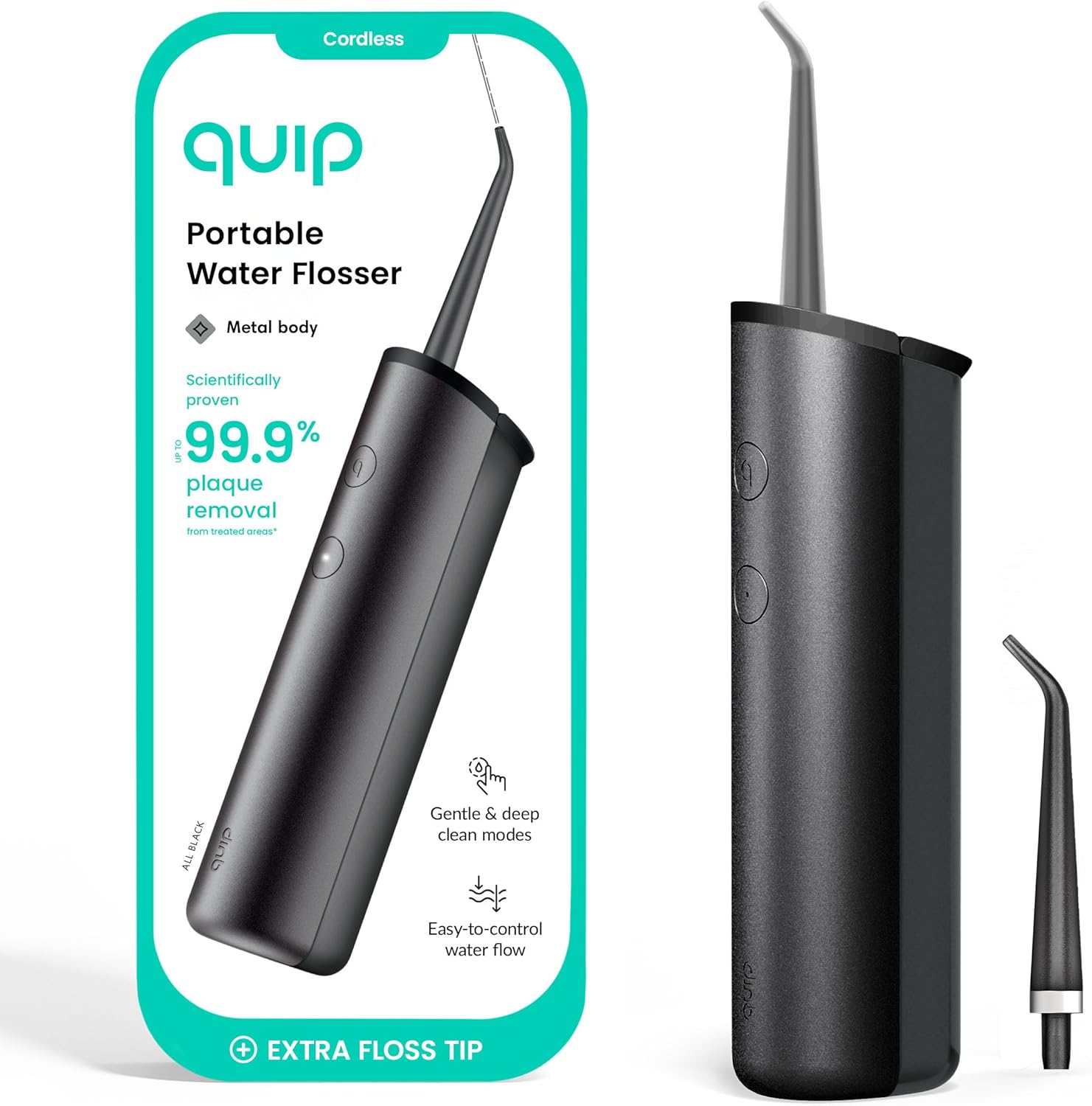 Quip Water Flosser With Replacement Tip - Cordless Water Flosser With Adjustable Pressure - Teeth Cleaner Pick With 360 Degree Rotating Replaceable Tip, Rechargeable Water Dental Pick - All-Black