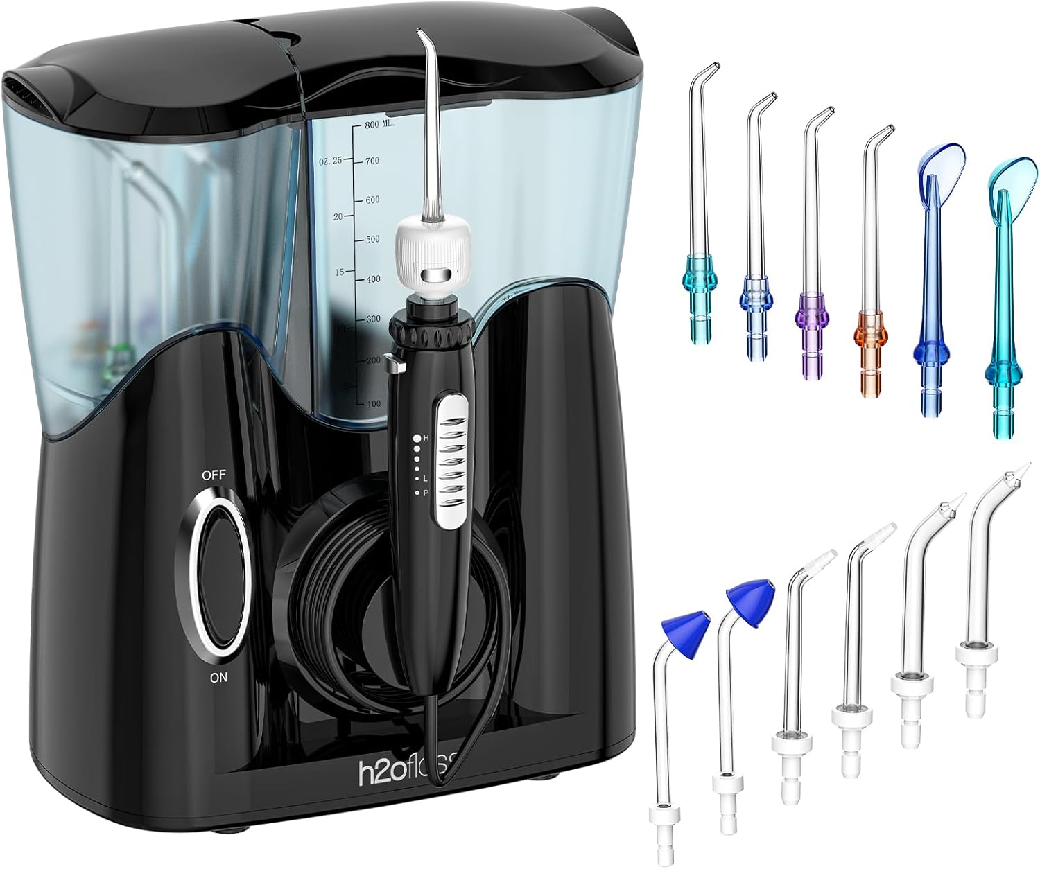 H2Ofloss Water Flosser For Teeth, Braces, Professional Water Teeth Cleaner With 800Ml Water Tank And 5 Settings, 13 Multifunctional Nozzles And Hygienic Nozzles Storage Compartment For Family (Black)