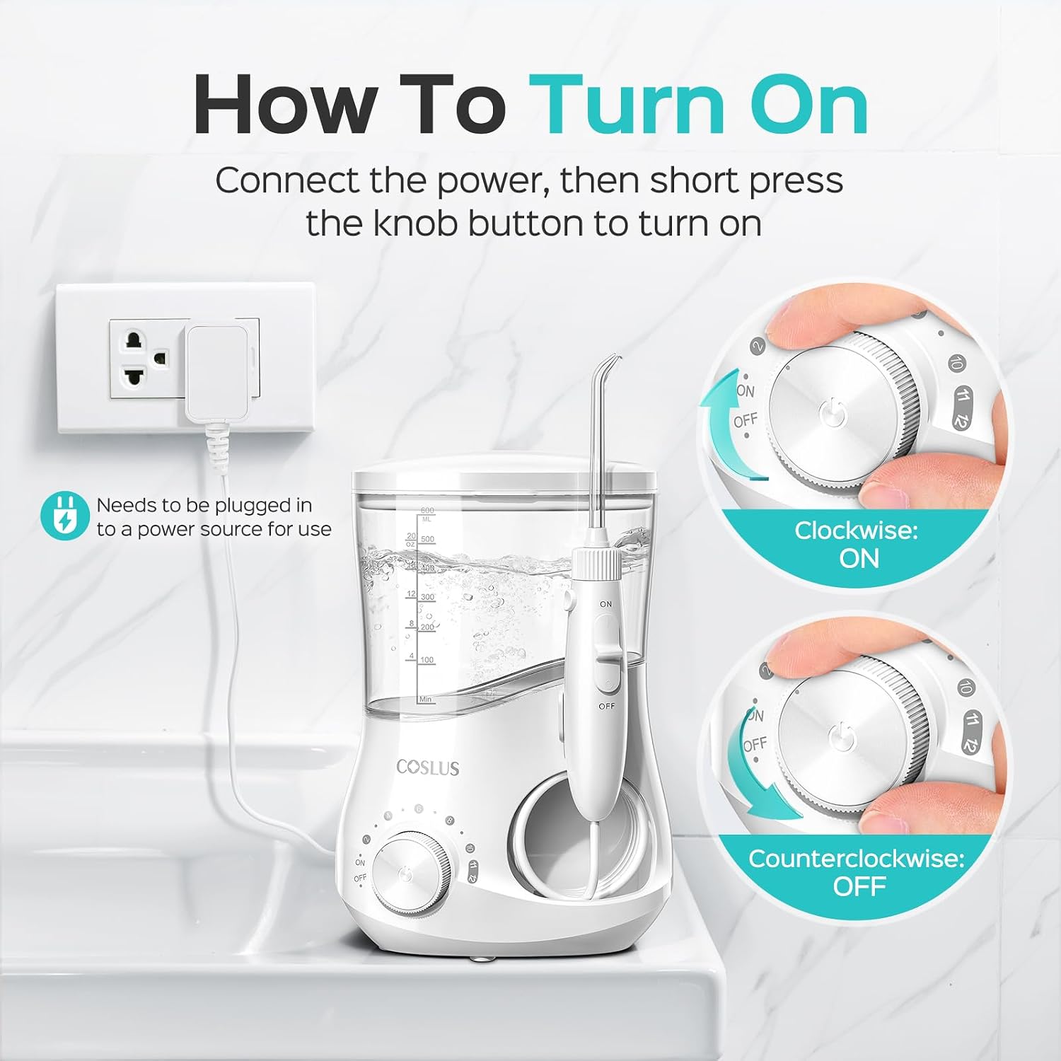 Coslus E1 Electric Water Dental Pick Flosser, 12 Pressure Settings, White