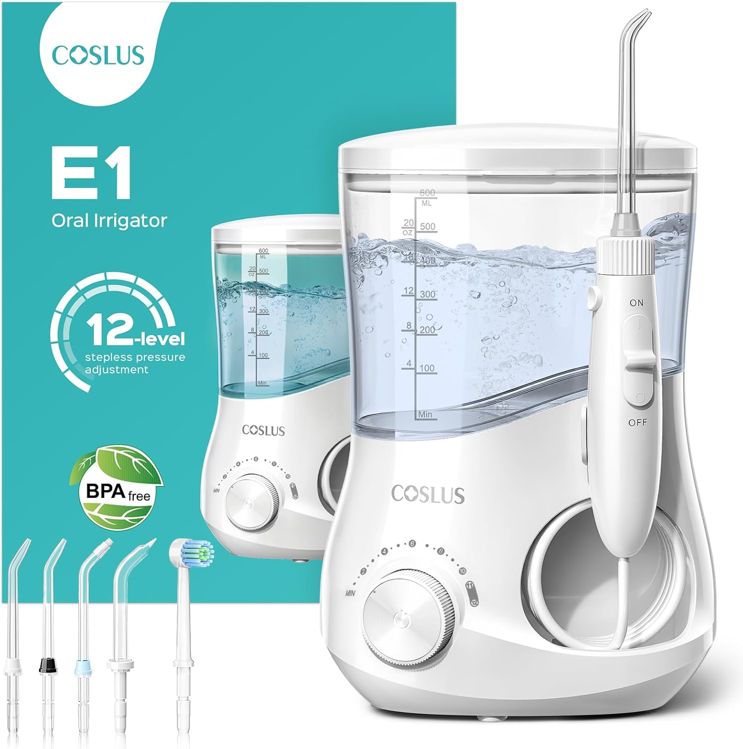 Coslus E1 Electric Water Dental Flosser, Professional 12 Pressure Settings | Professional Water Dental Pick For Braces, Orthodontic Care, Sensitive Gums, 5 Multi-Functional Tips For Family Use, White