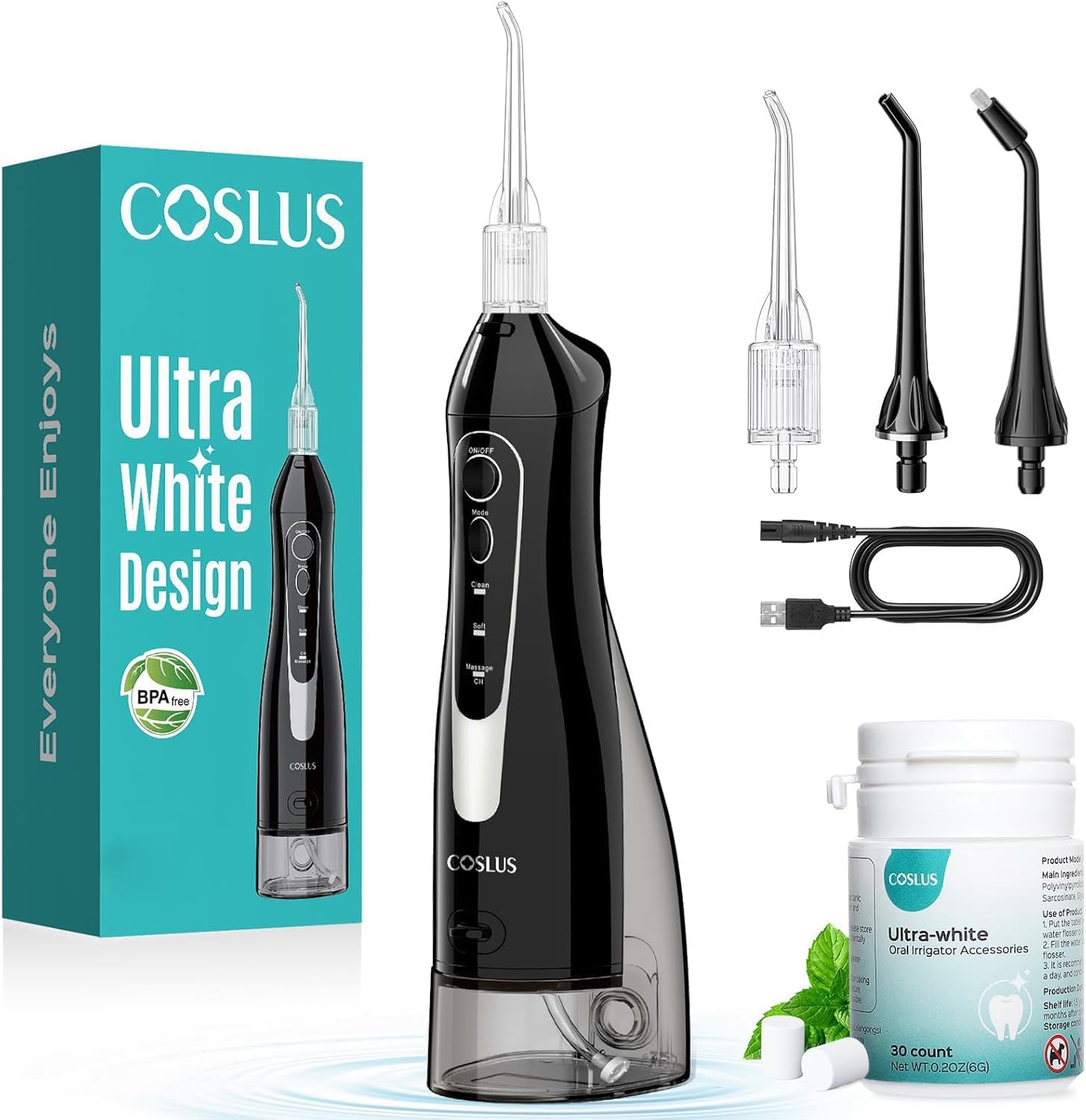 Overall design, cordless form factor, and the product’s main identity as a portable oral irrigator.
