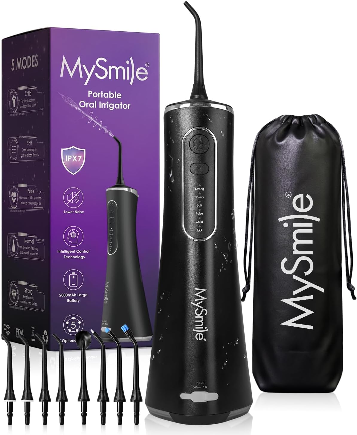 Mysmile Lp211 Portable Water Flosser Cordless For Teeth With 8 Tips (Black) | 260Ml Power Dental Flossers For Adults & Kids, Rechargeable Oral Irrigator With 5 Modes, Ipx7 Water Floss Home & Travel