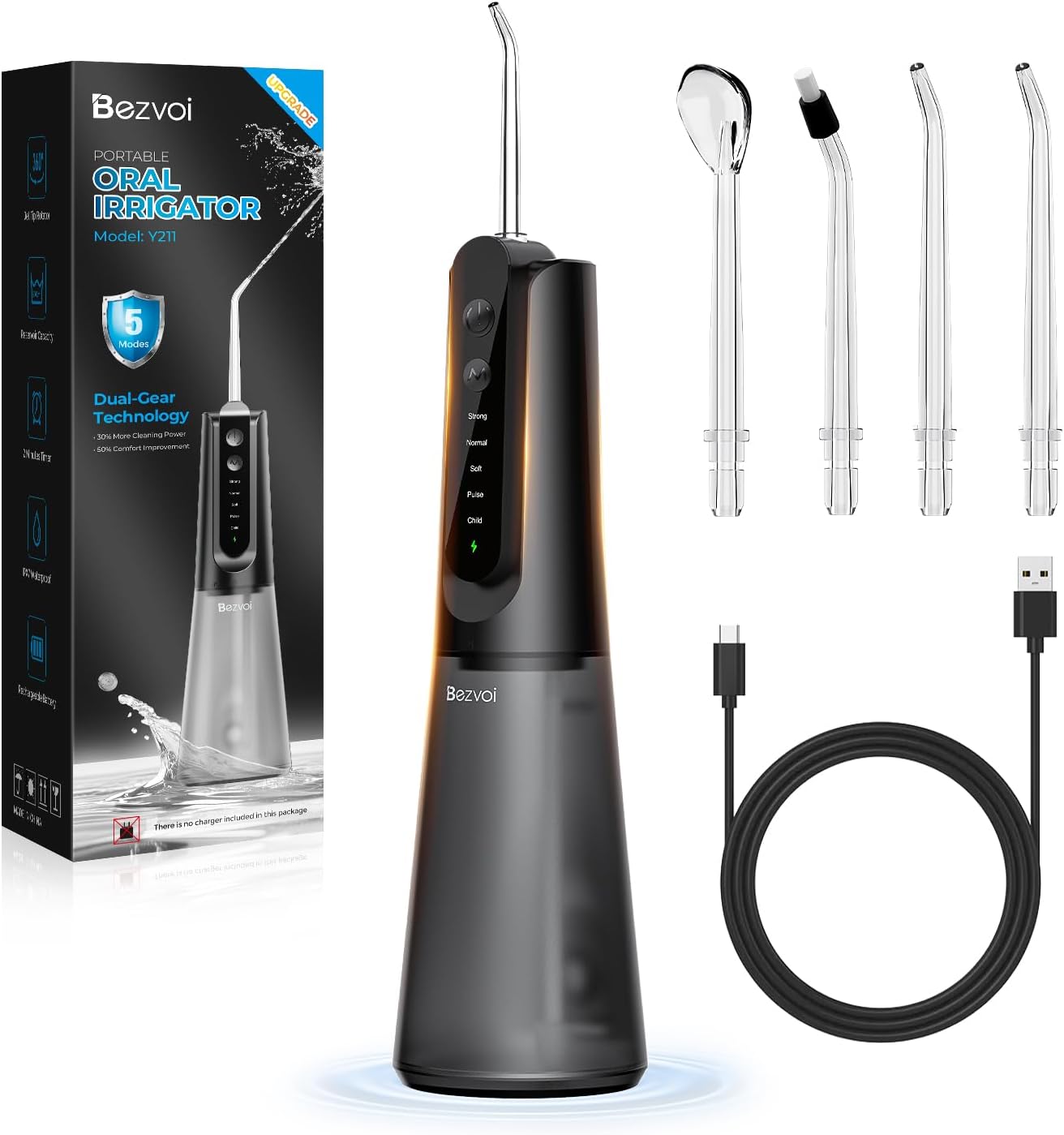 Bezvoi Water Flosser For Teeth, 5 Modes & 40-Day Battery, Irrigator Dental Pick For Braces, Orthodontic, Sensitive Gums, Removable Water Tank For Easy Clean, Cordless & Portable For Travel, Black