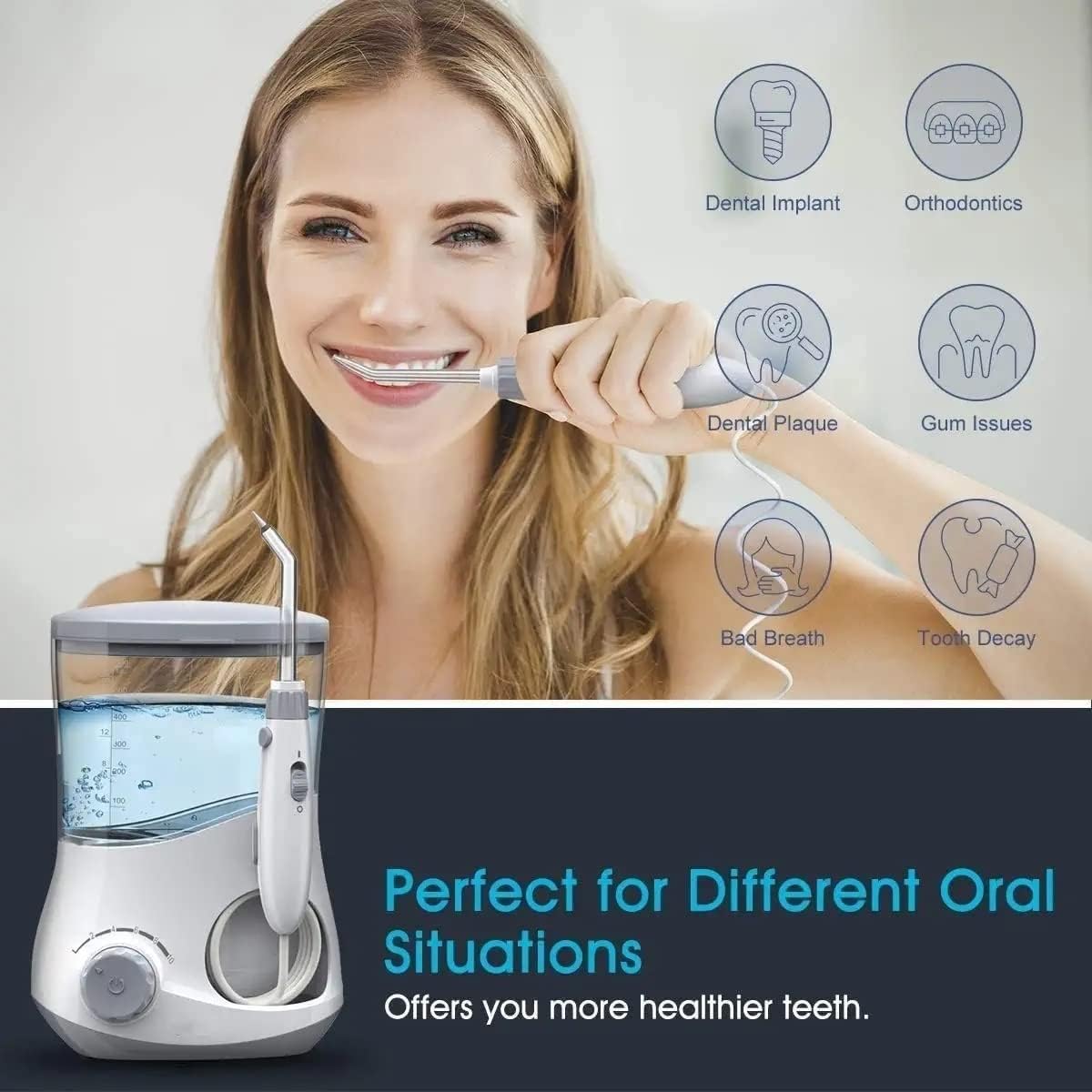 Water Flosser Electric Dental Countertop Professional Oral Irrigator For Teeth, 6 Multifunctional Jet Tips, Ipx7 Waterproof,10 Adjustable Modes For The Oral Care Needs Of Family,White