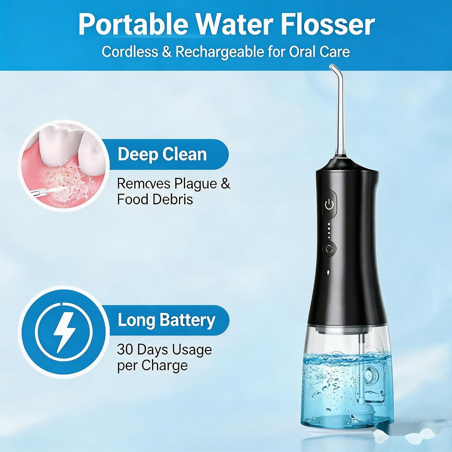 Cordless Water Flosser, 4 Modes Portable Oral Irrigator, 300Ml Detachable Water Tank, Ipx7 Waterproof, 1800 Pulses Deep Cleaning With 4 Jet Tips, For Home Travel Braces Oral Care, Black