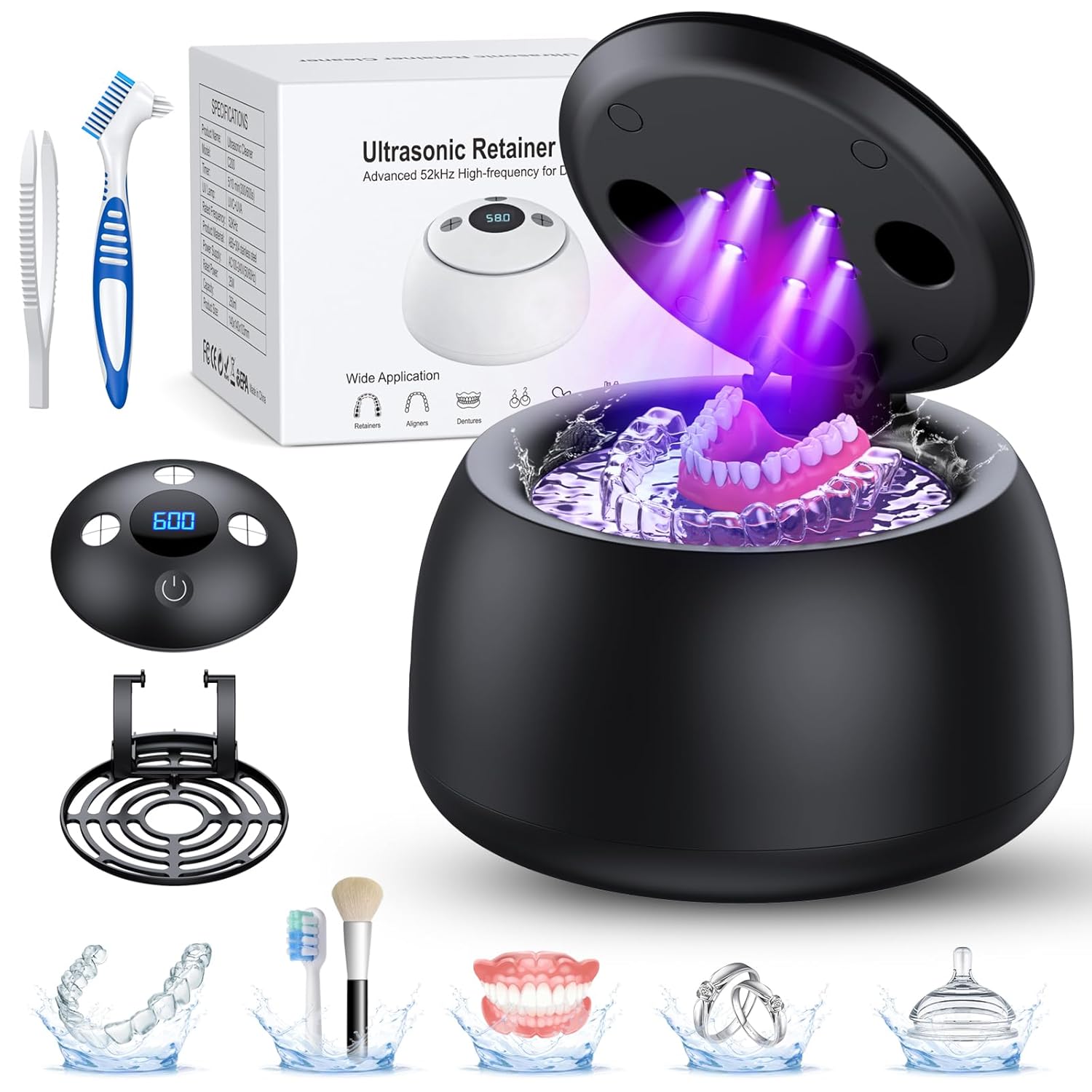 Ultrasonic Retainer Cleaner Machine, 52Khz Ultrasonic Denture Cleaner For Night Guards, Braces, Aligner, Toothbrush, Jewelry And More, Dental Cleaning Pod With Digital Timer & 250Ml, Black