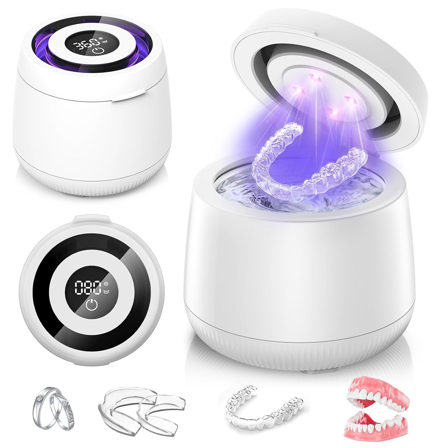 Ultrasonic Retainer Cleaner Machine, Dynamic 42-48Khz Dental Cleaning Pod With Digital Timer, 200Ml Mouth Guard Cleaner Pod For Aligners, Night Guards, Dental Trays, Braces & Toothbrushes（White）