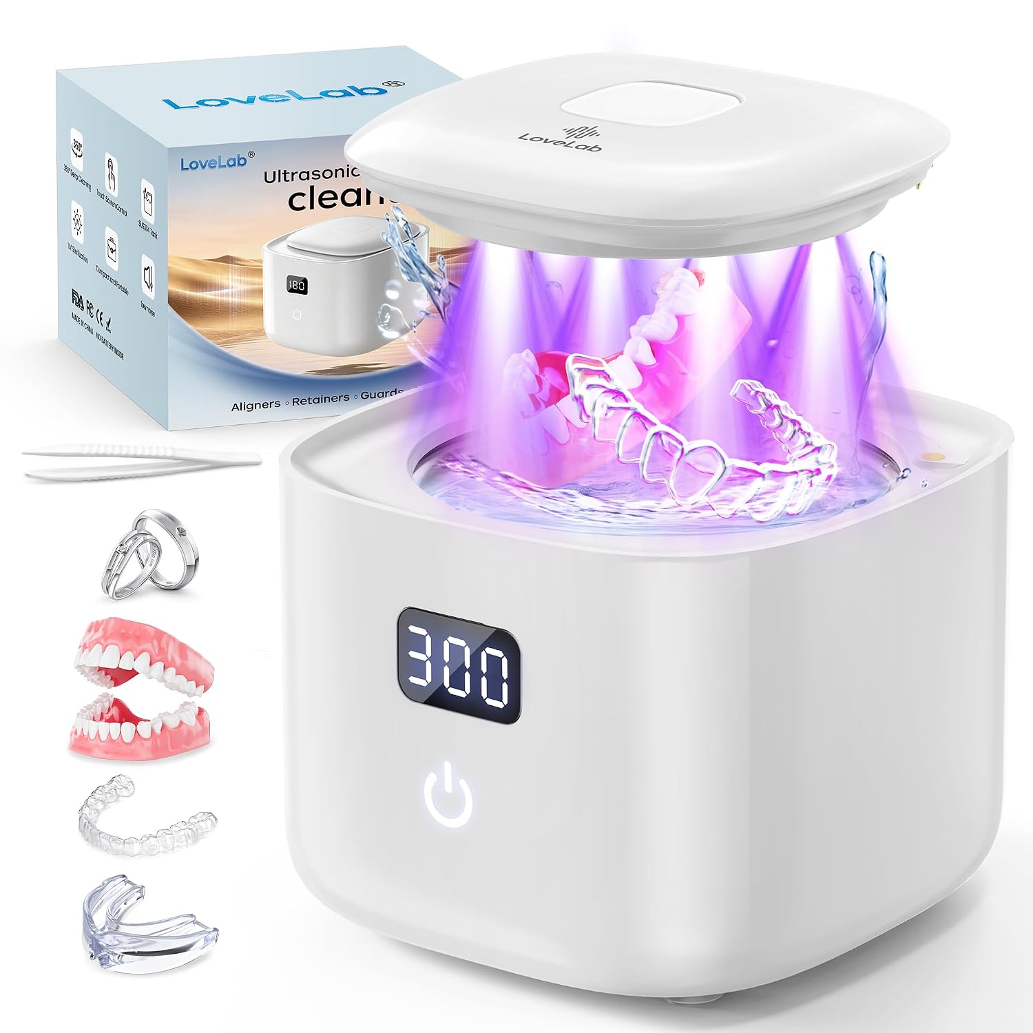 Ultrasonic Retainer Cleaner Machine, 48Khz Dental Ultrasonic Cleaner, Portable Ultrasonic Retainer Cleaner For Aligners, Dentures, Mouth Guards, Braces, Night Guards & Jewelry Cleaner(White)