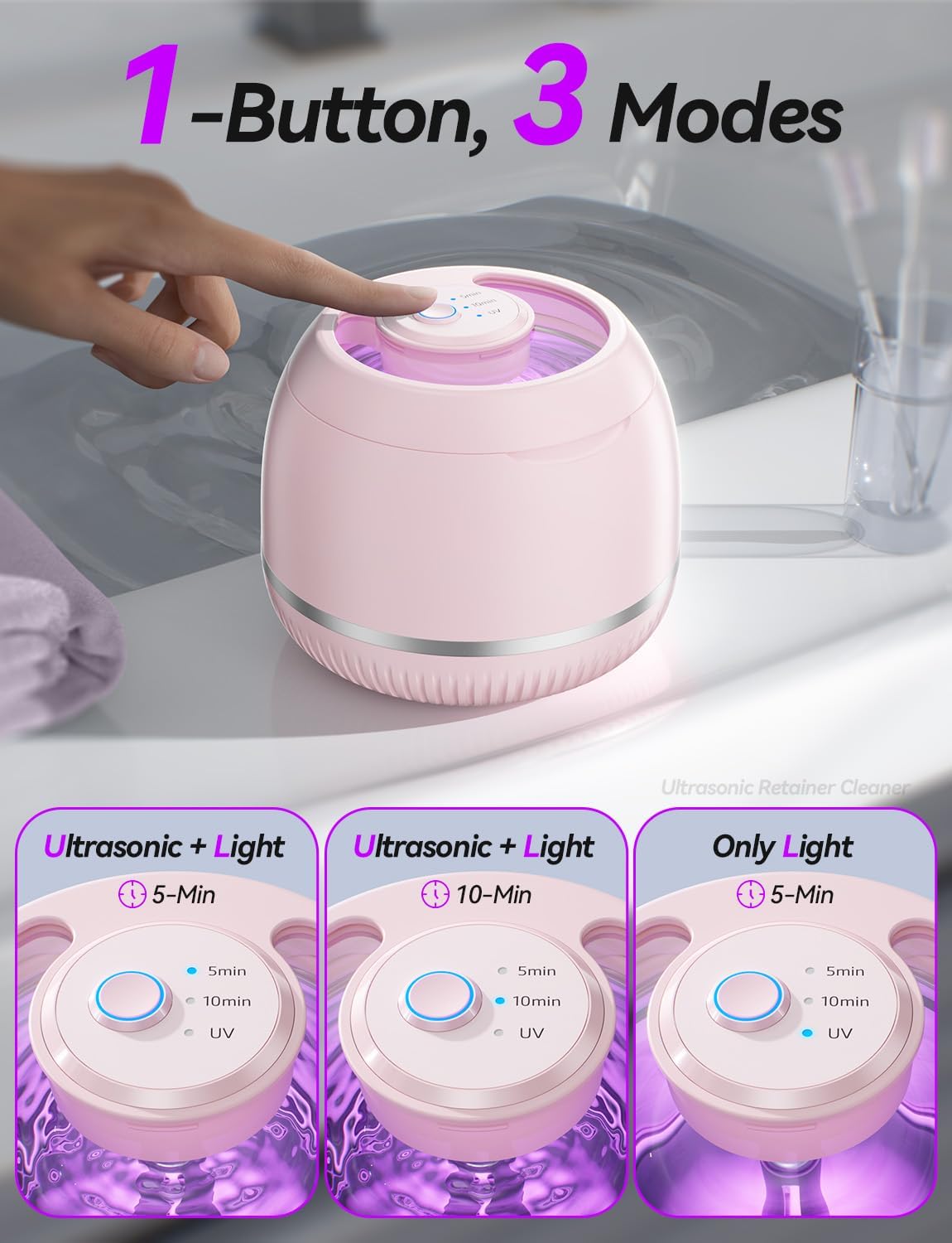 Beser Ultrasonic Retainer Cleaner, 2X Clean, Dental Retainer Cleaner Machine Pod For Aligner, Nightguard, Mouth Guard, Denture Cleaner, Oral Dental Care, Ipx6, 200Ml (Pink)