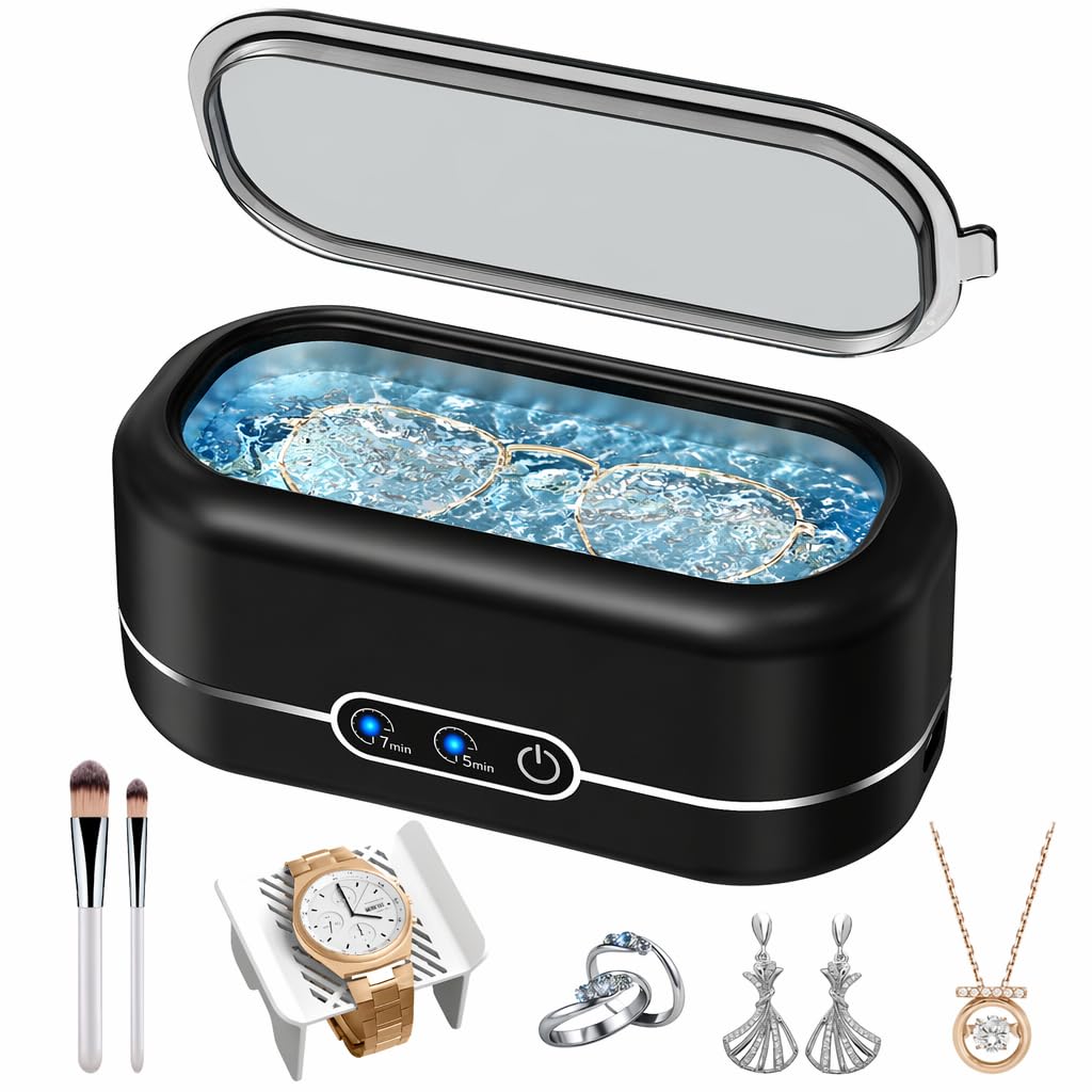 Miorcols Ultrasonic Jewelry Cleaner, 48Khz Jewelry Ultrasonic Cleaner Machine For All Jewelry, Glasses, Rings, Retainers, Watch Strap, Dentures, 304 Stainless Steel 12Oz Cleaning Pod - Matte Black