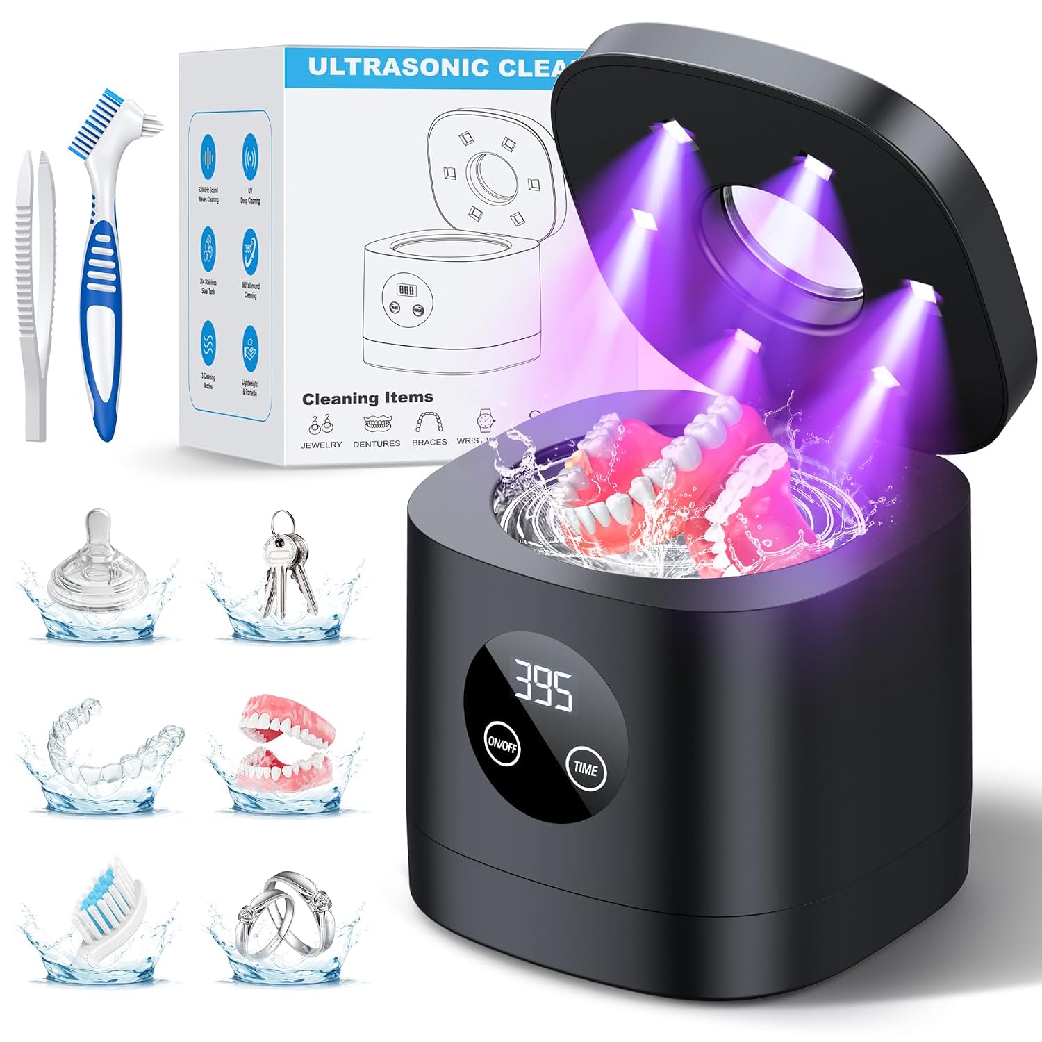 Ultrasonic Retainer Cleaner Machine, 52Khz Ultrasonic Denture Cleaner For Mouth Guards, Braces, Toothbrush Heads, Jewelry, Dental Ultrasonic Cleaner With 250Ml Capacity & Cleaning Brush, Black