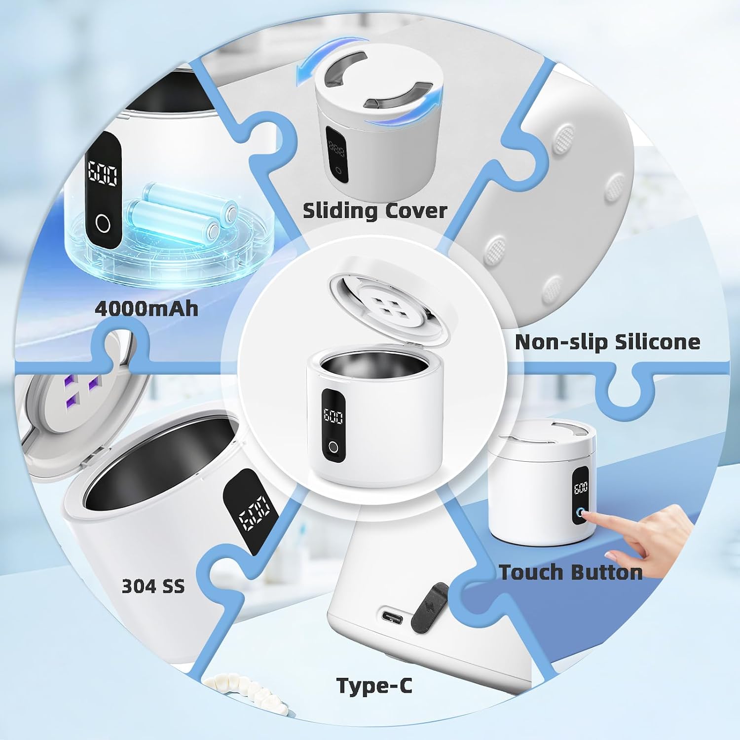 Ultrasonic Retainer Cleaner, 48Khz Rechargeable Dental Cleaning Pod For Denture Invisalign Braces Jewelry - White | 4000Mah Built-In Rechargeable Battery, Portable 48Khz Ultrasonic Deep Clean For Night Guard, Toothbrush, Aligner & Jewelry
