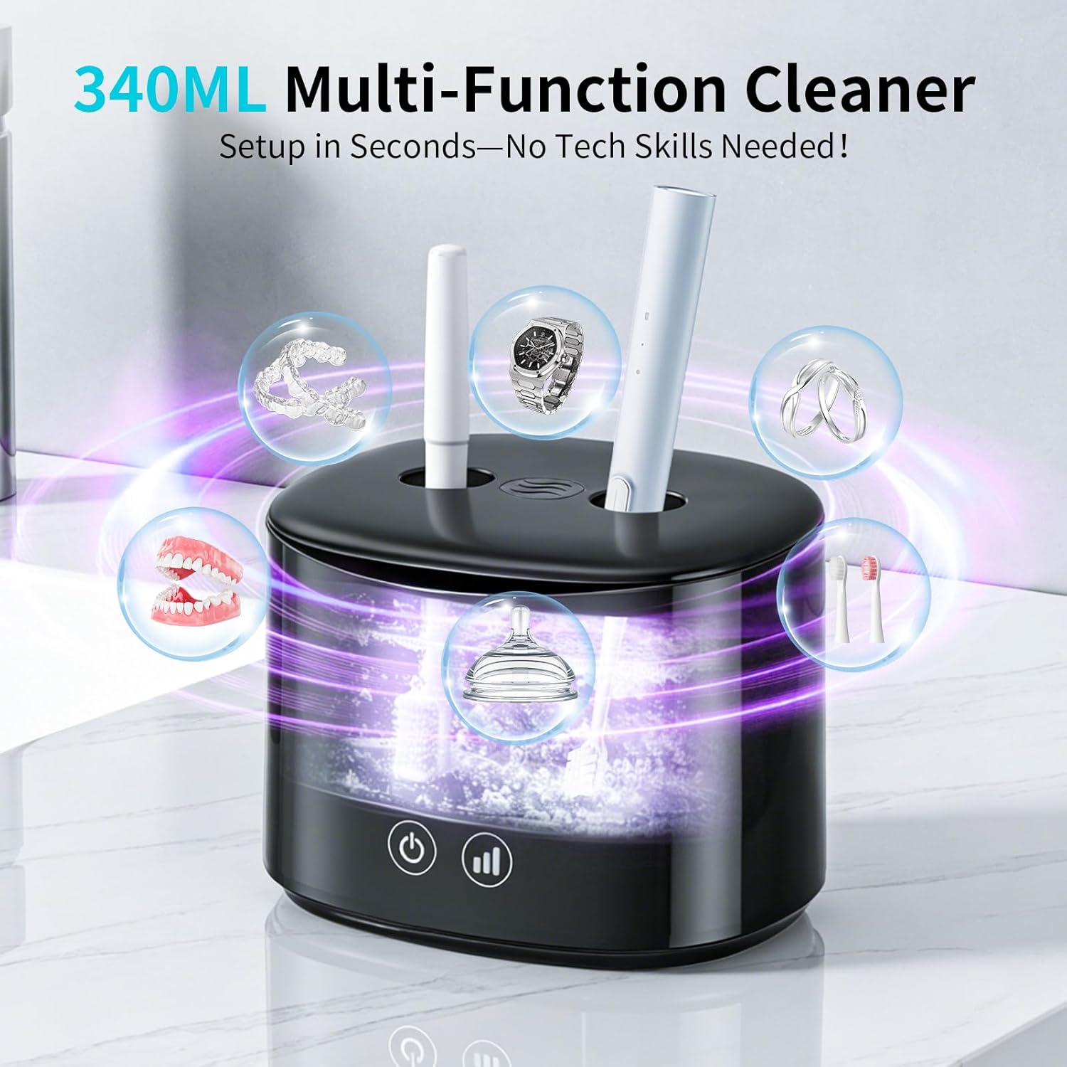 Ultrasonic Retainer Cleaner Machine, 50Khz Dental Cleaning Pod With 4 U-V Lamp For Night Guards, Braces, Aligners, Toothbrushes, Mouth Guards, Jewelry, 340Ml Rechargeable Ultrasonic Denture Cleaner
