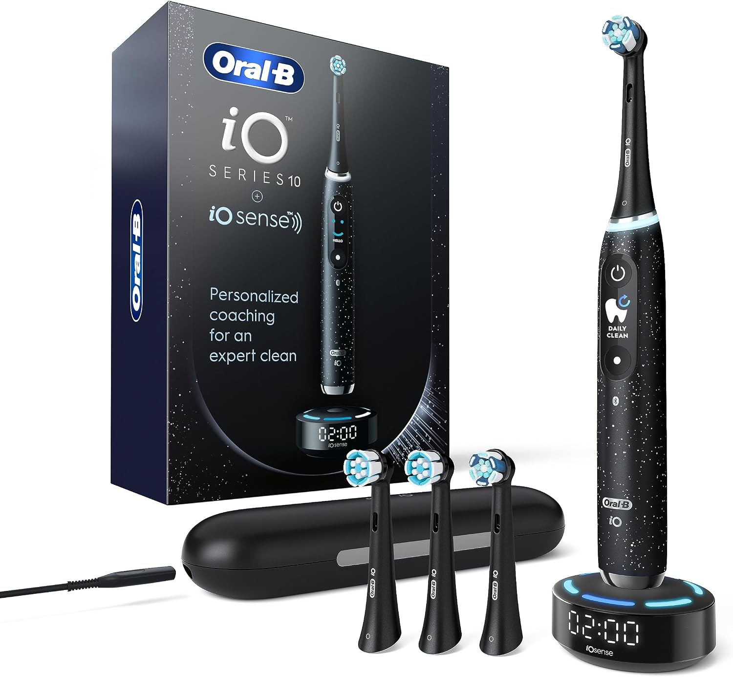 Oral-B Rechargeable Electric Toothbrush, Io10 Ultimate Clean, 7 Cleaning Modes, Interactive Display, Isense Charger, Charging Travel Case, 4 Brush Heads, Rechargeable Toothbrush, Black