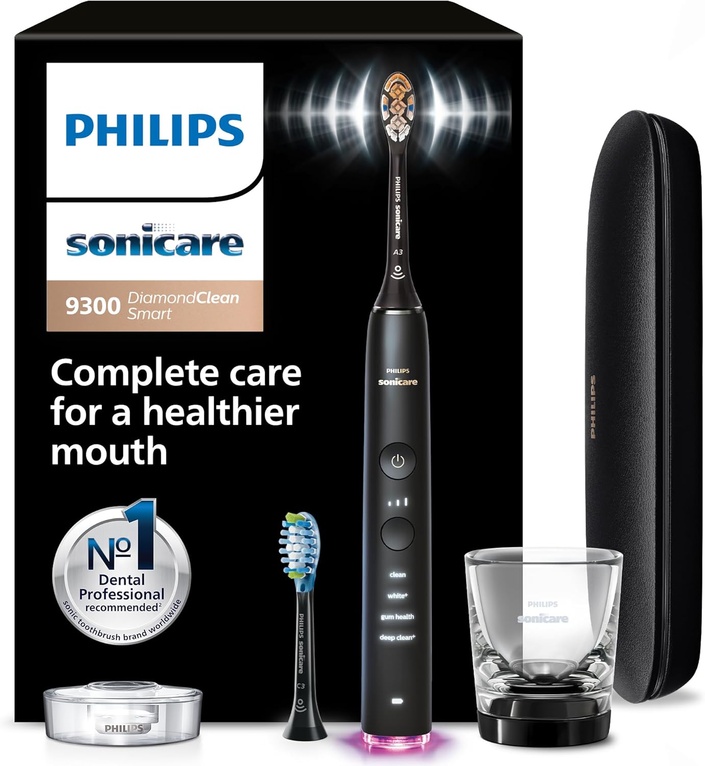 Philips Sonicare Diamondclean Smart 9300 Electric Toothbrush - Sonic Toothbrush With App, Pressure Sensor, 12 Brushing Settings, Replacement Reminder, Travel Case, Black, Model Hx9903/15