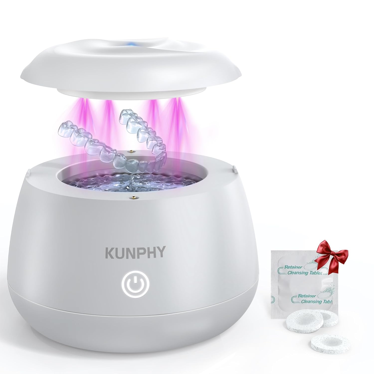 Kunphy Ultrasonic Retainer Cleaner Machine, 48Khz Dental Cleaning Pod Home | 4 LED Light 48Khz Ultrasound Portable Mouthguard Night Guard Cleaner, Ipx7 Waterproof, Quiet 45Db, Overheat Protection, White