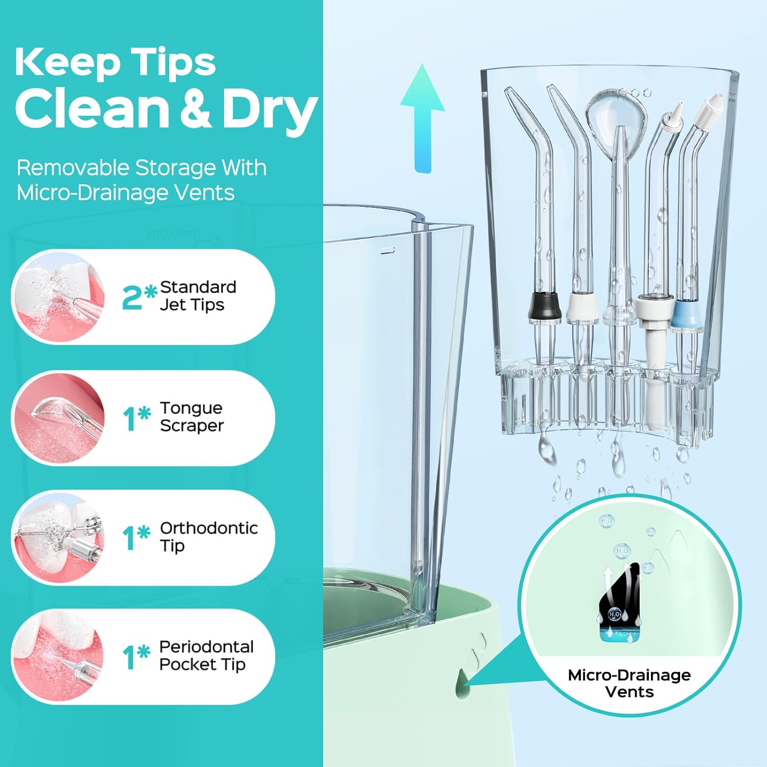 Coslus E2 Water Dental Flosser For Teeth Cleaning, Multi-User Family Use | 12 Pressure Settings & 2 Modes For Orthodontic, Braces, Sensitive, Patented Storage, 5 Jet Tips And 600Ml Tank Home, Green