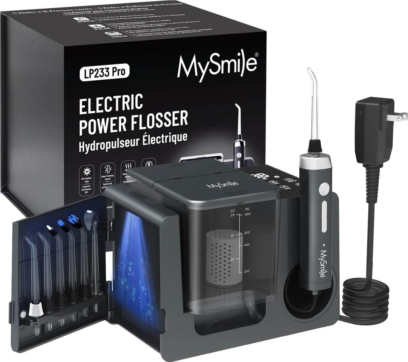 Mysmile Lp233 Pro Uvc Sterilizable Countertop Water Flossers For Teeth 800Ml Digital Display Electric Oral Irrigator With a Water Filter 3 Modes And 6 Jet Tips (Graphite Grey)