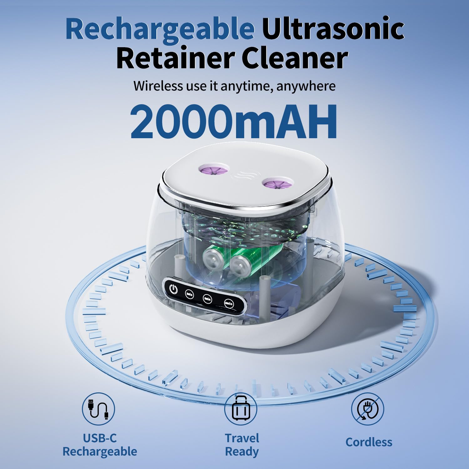 Rechargeable Ultrasonic Retainer Cleaner Machine, 45Khz Portable Cleaner For Dentures, Retainers, Aligners, Night Guards, Braces & Jewelry, 3 Modes, 200Ml Capacity, White