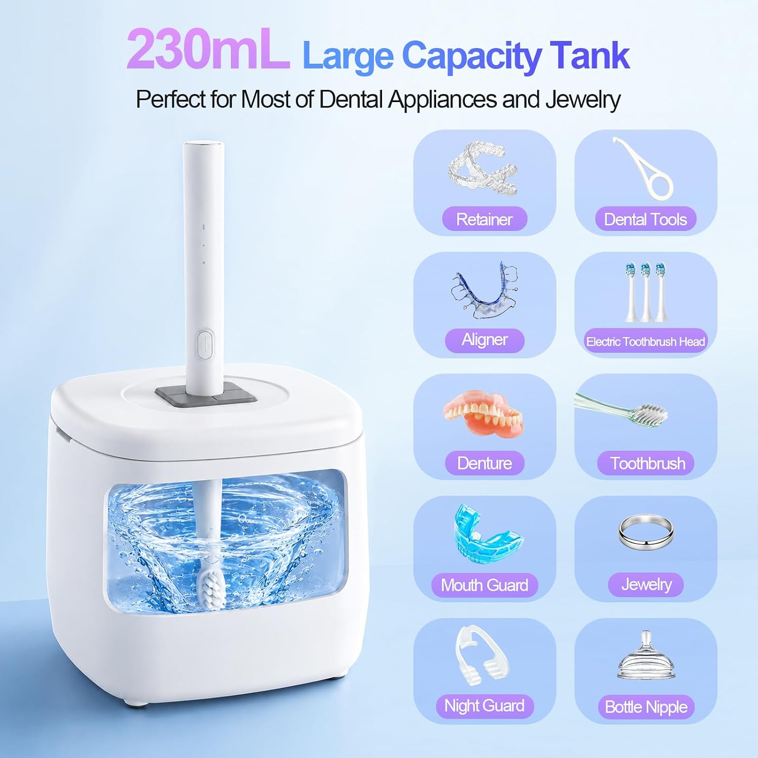 Ultrasonic Retainer Cleaner Machine 50Khz 230Ml With 4 Uv Lights & Timer Denture Cleaner 3 Modes Deep Cleaning For Retainer Mouth Guards Aligners Night Guards Braces Toothbrush & Jewelry