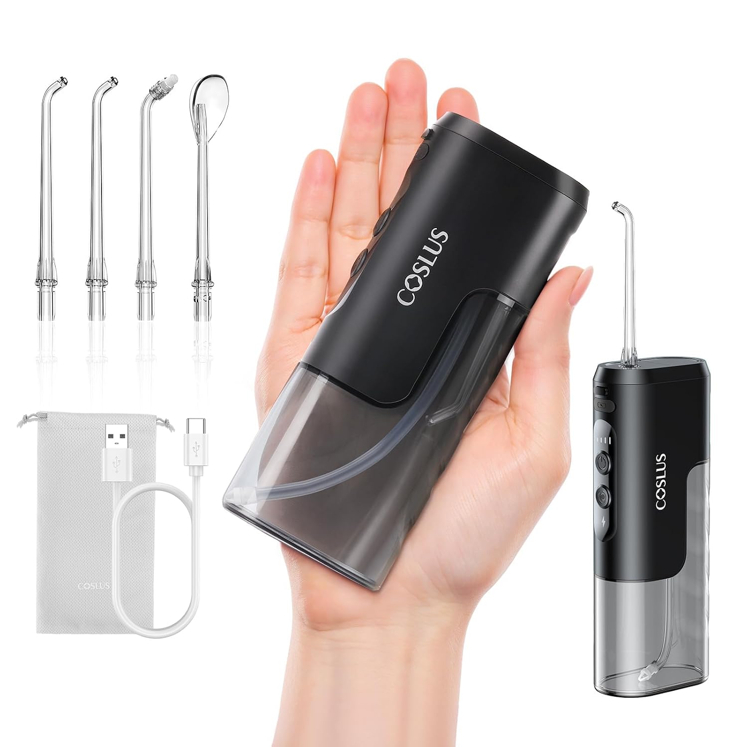 Coslus T40 Mini Water Flosser For Travel, Portable Compact Design | Cordless Oral Irrigator, Built-In Tip Storage, 4 Modes For Braces, Orthodontic, Sensitive Teeth, On-The-Go Use, Black