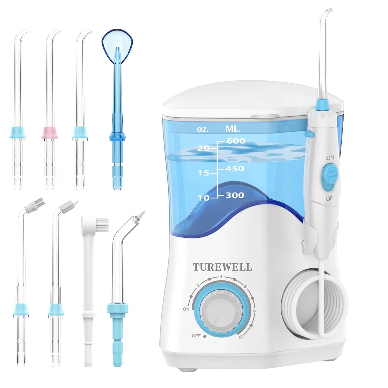 Turewell Water Dental Flosser For Teeth/Braces, Water Teeth Cleaner | 8 Jet Tips And 10 Pressure Levels, 600Ml Large Water Tank Oral Irrigator For Family(White)