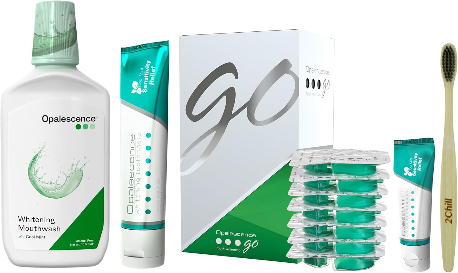 Opalescence Go Teeth Whitening Trays - Complete Bundle - 5167-5447-6288T | Includes: 4.7Oz And Travel 1Oz Sensitive Toothpastes, 7 Whitening Treatments Trays & Whitening Mouthwash By Ultradent Usa