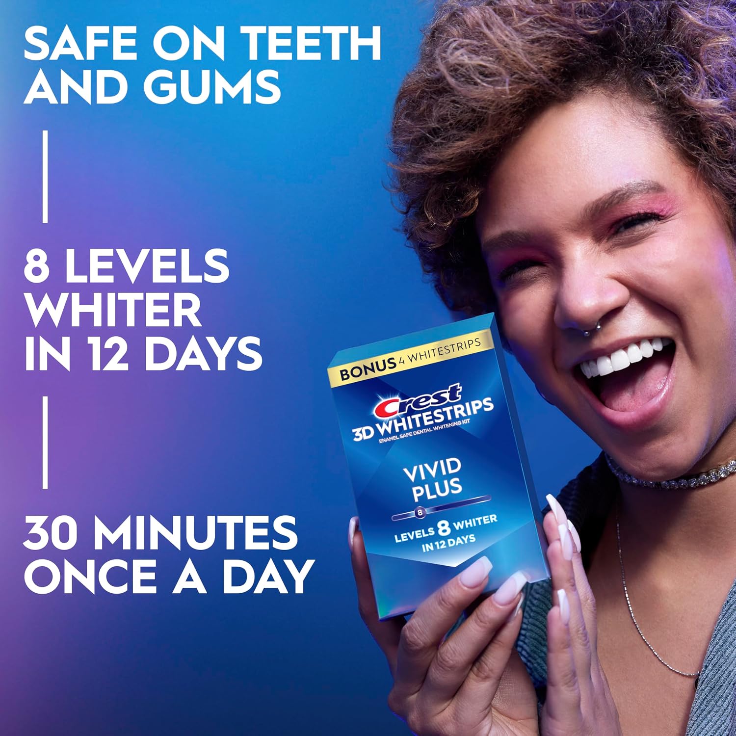 Crest Teeth Whitening Strips, Crest 3D Whitestrips Vivid Plus, Enamel Safe Teeth Whitening Kit, 12 Treatments (24 Strips), Visibly Whitens In Days, 8 Levels Whiter