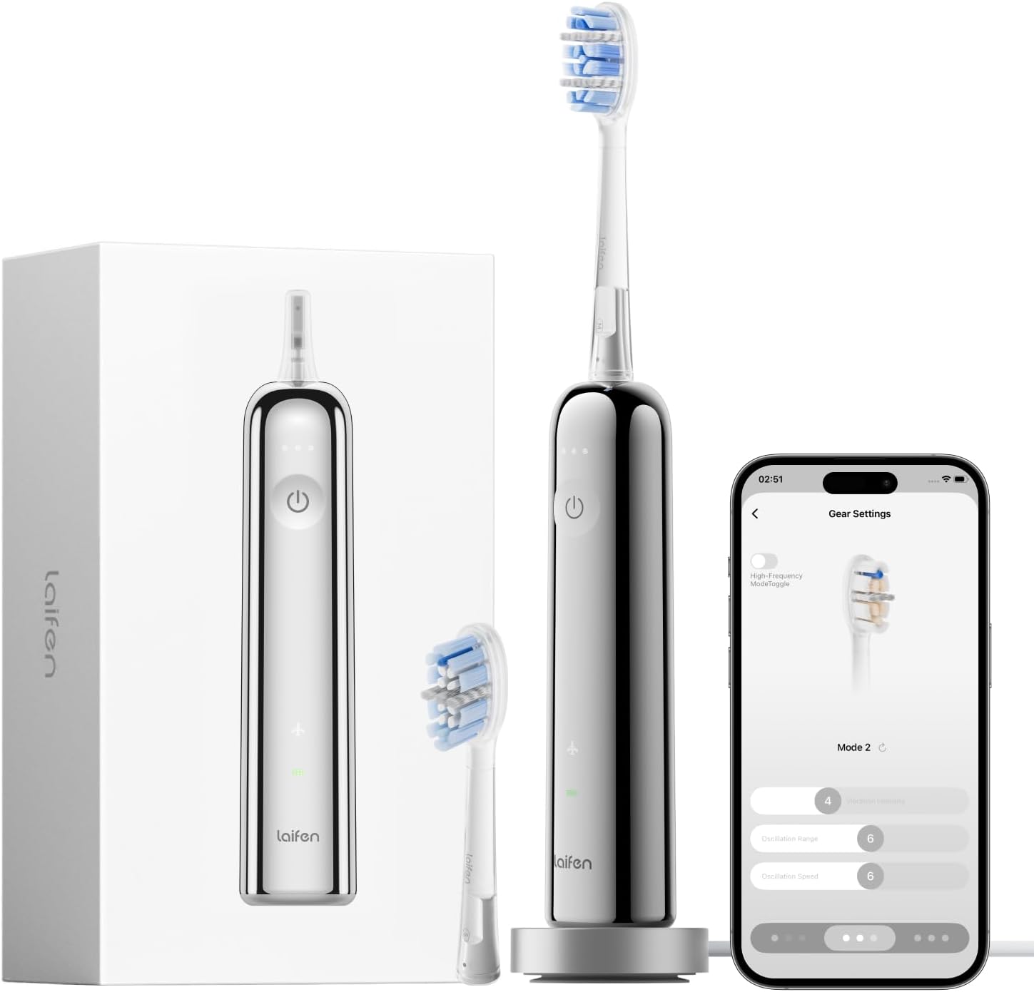 Laifen Wave Pro Toothbrush, 60° Oscillation & Wavemotion, Stainless Steel | Stainless Material, App Connectivity, 2 Replacement Brush Head, 70-Day Battery, Travel Friendly, Wireless Charging, Easy Grip