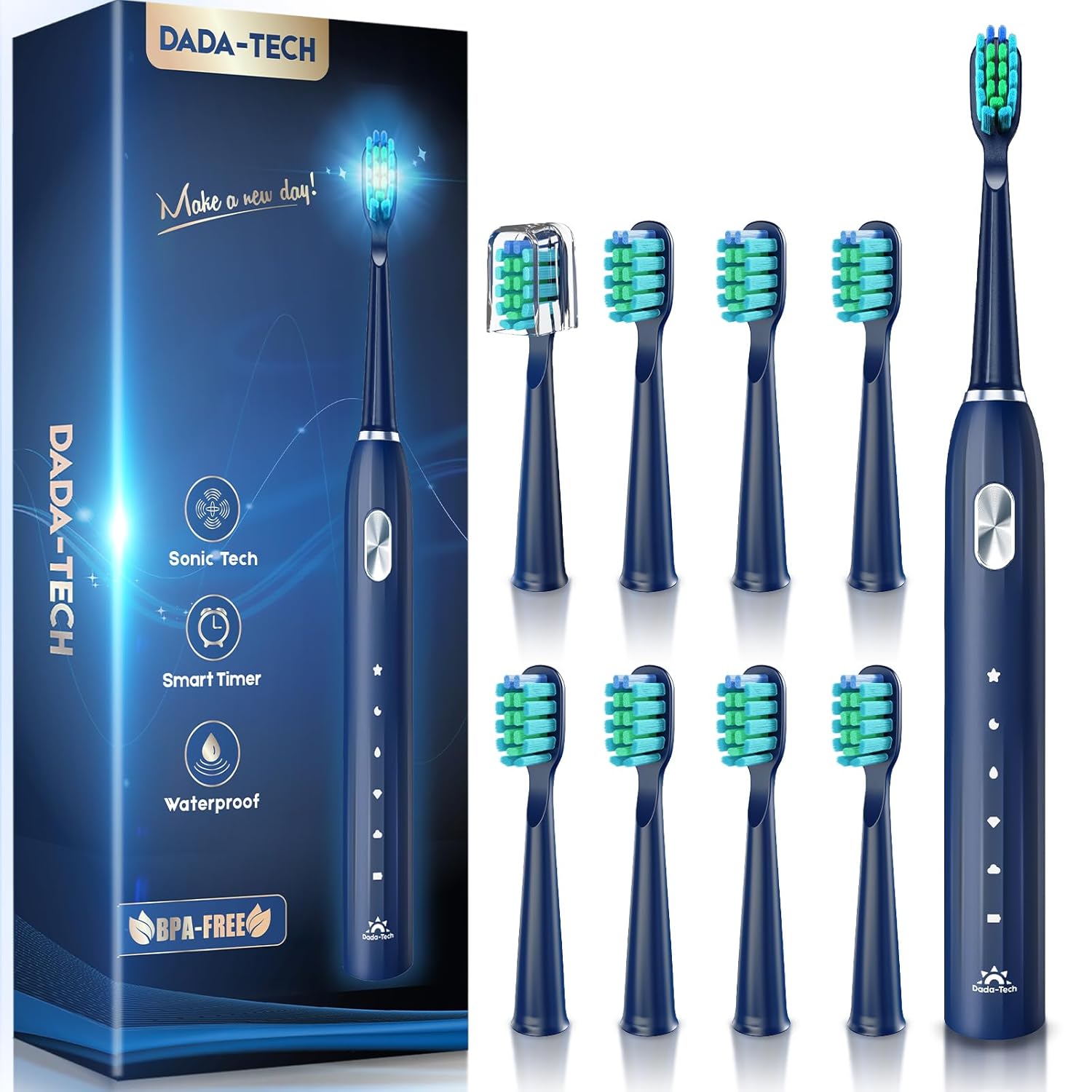 Dada-Tech Electric Toothbrush For Adults Toothbrush Electric Rechargeable Sonic Toothbrush Ultrasonic Toothbrush With Timer, 9 Brush Heads, 5 Cleaning Modes 4-Hour Charge Lasts 60 Days (Blue)