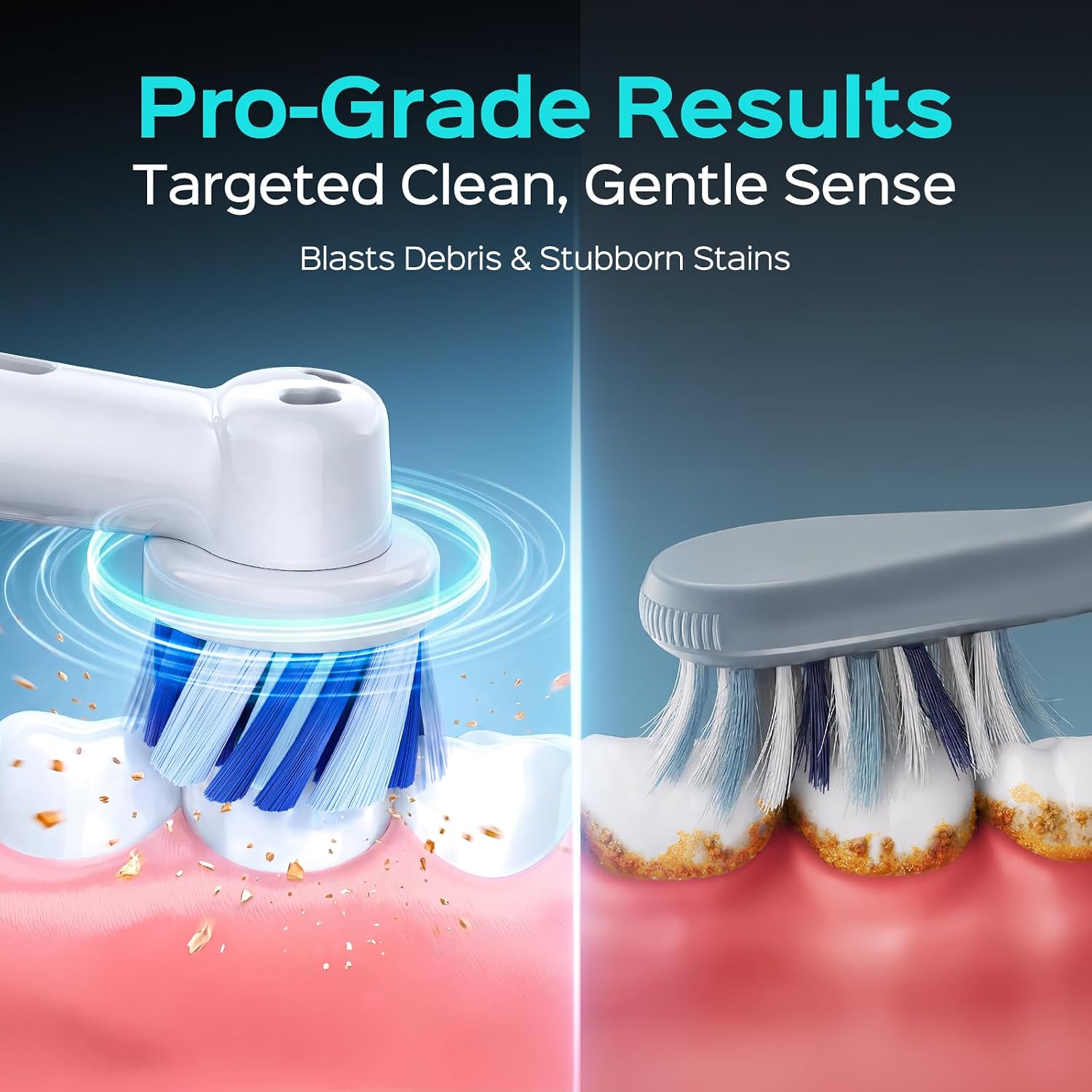 Brush head design, bristle arrangement, and cleaning mechanism.
