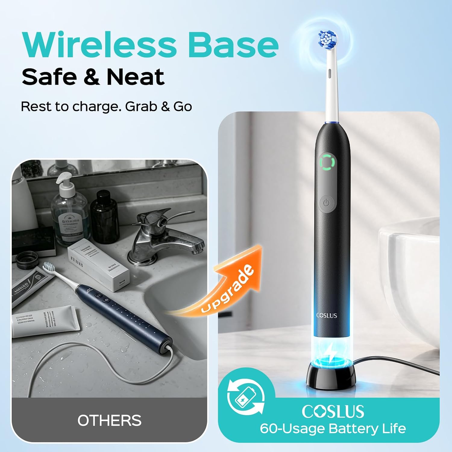 Coslus C60 Rechargeable Rotating Electric Toothbrush For Adults Deep Clean | Portable Spinning Tooth Brush With Travel Case, Cordless Charging & Long Battery Life, Smart Pressure Sensor, Family, Black