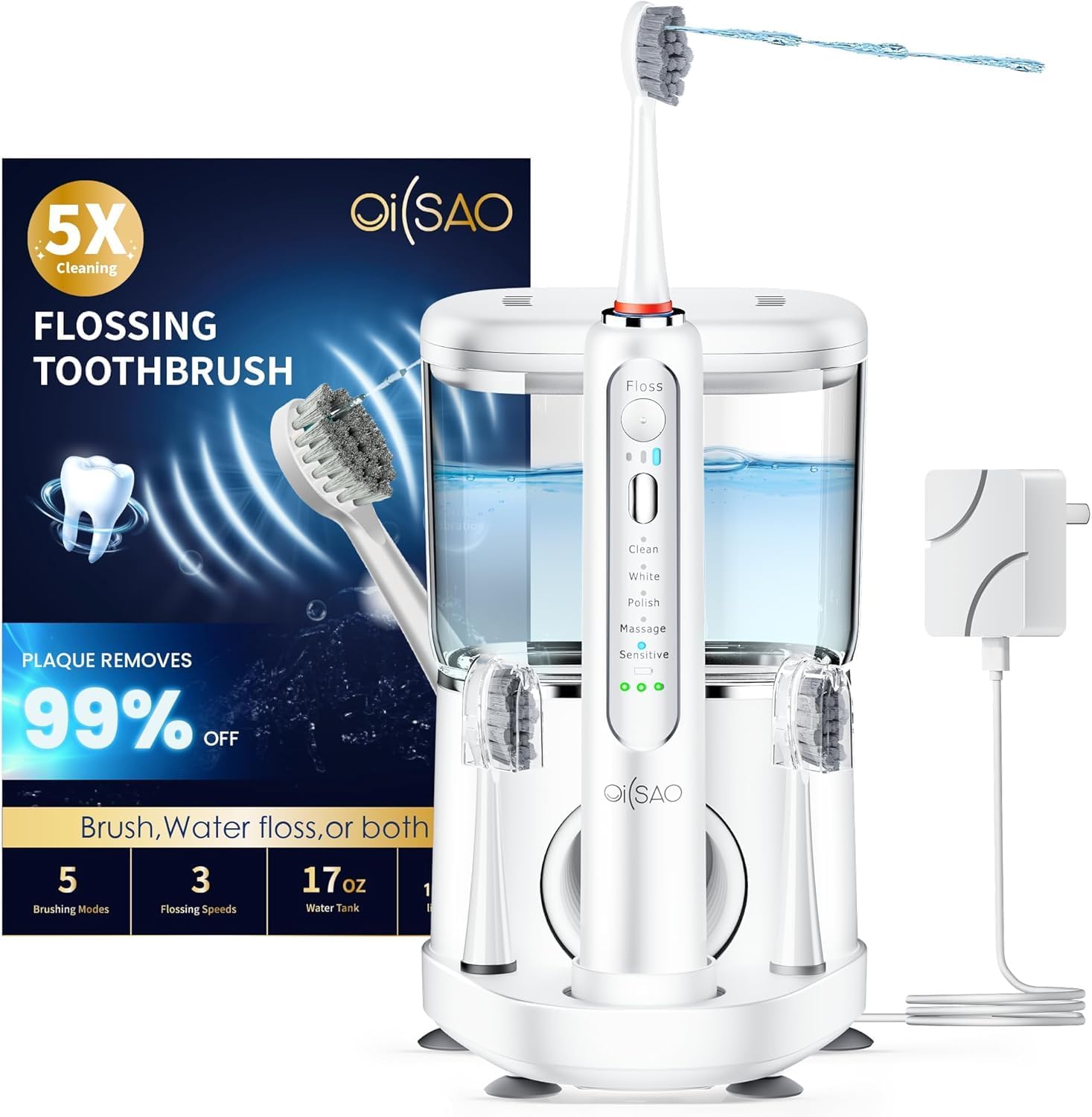Water Flosser Electric Toothbrush Combo, 3 Brush Heads & 1 Jet Tip | Advanced 2.0 Sonic Electric Tooth,500Ml Tank,For Daily Gum Care And Cleaning Teeth, Braces, Implants,Bridges
