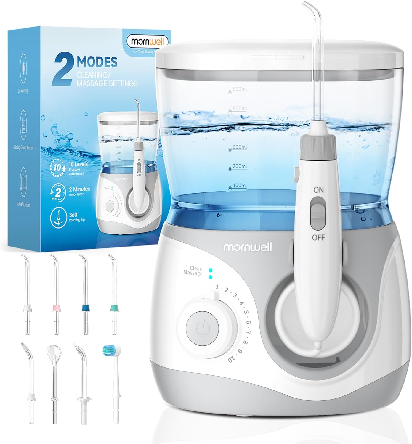 Mornwell Water Dental Flosser For Teeth, 2 Modes And 10 Adjustable Pressure Oral Irrigator For Braces, 8 Multi-Functional Tips For Family, Multiple Users, Home Use, White