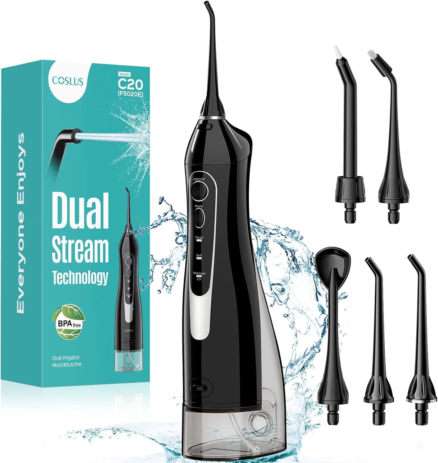 Coslus Ada Accepted C20 Water Dental Flosser Teeth Pick, 300Ml Larger Tank | Portable Rechargeable Oral Irrigator For Orthodontic & Sensitive Gums, Cordless For Travel, Family, Professional Set, Black