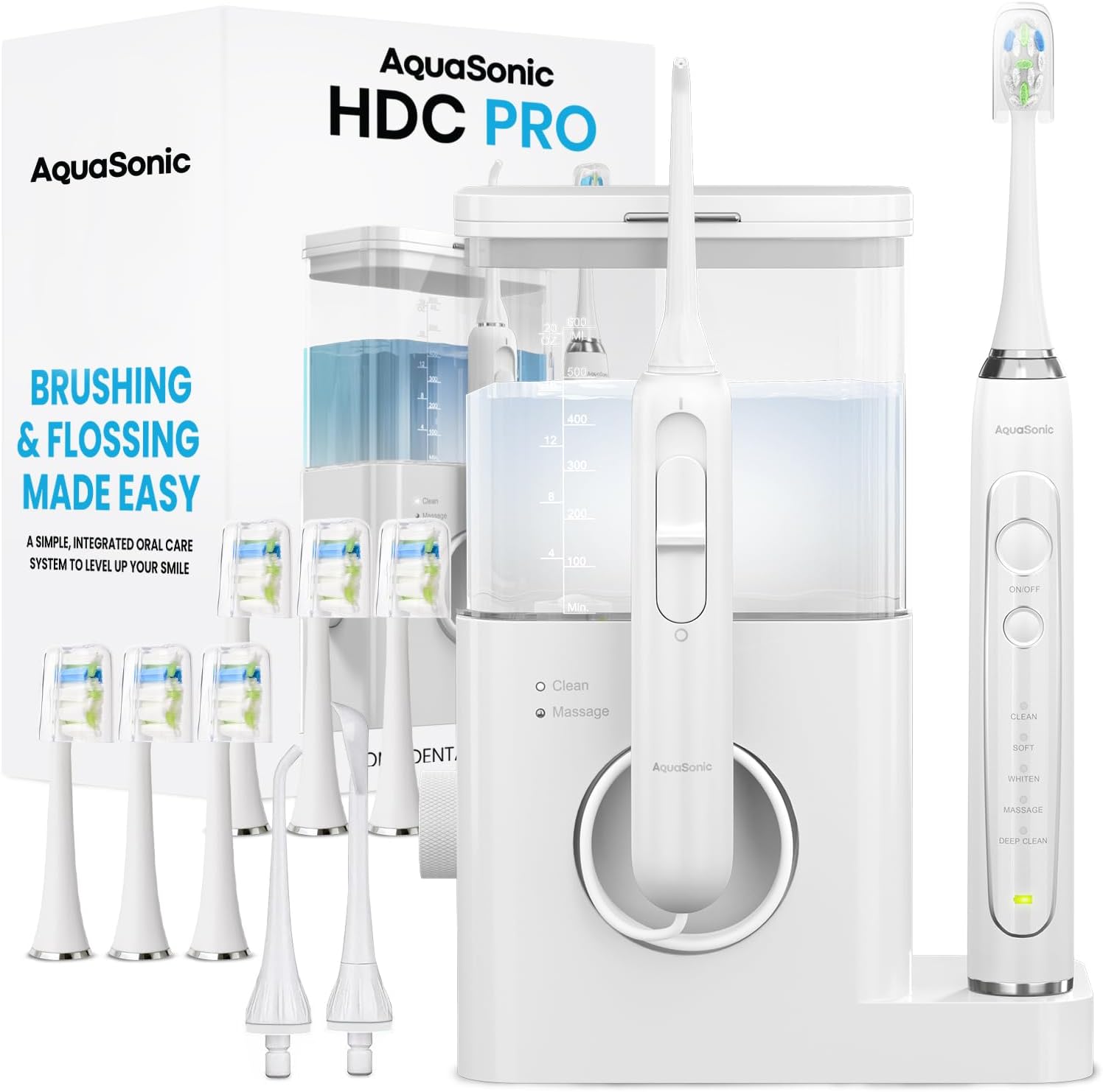 Aquasonic Home Dental Center Pro – Brushing & Flossing Made Easy – Brush & Floss – Power Toothbrush & Water Flosser – Whiter Teeth & Healthier Gums