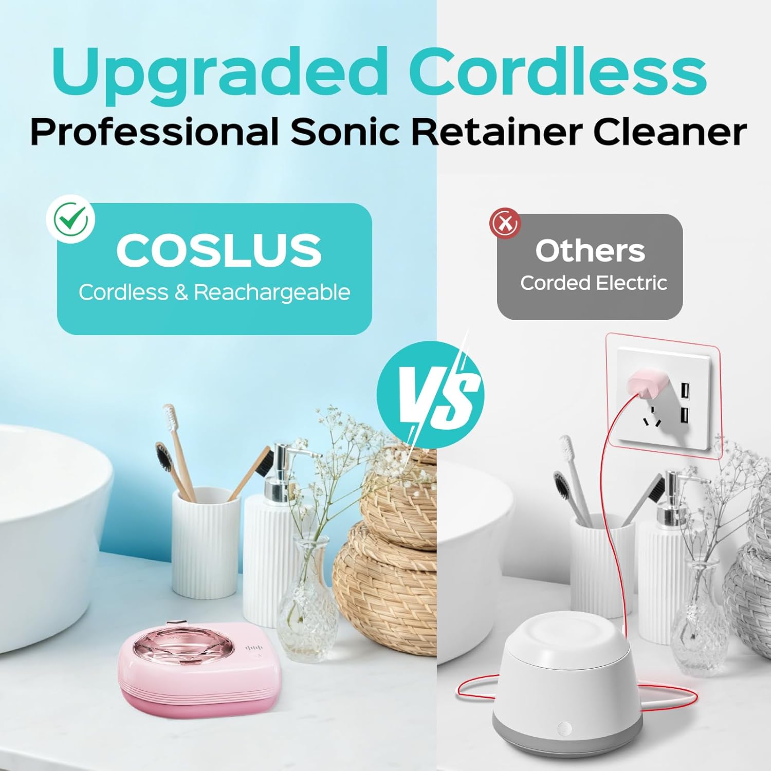 Coslus Sonic Retainer Cleaner Machine, Rechargeable Compact Portable Design | Cordless, Professional Dental Cleaning Pod For Retainer, Aligner, Night Guard, Deep Cleaning, Quiet For Home, Pink