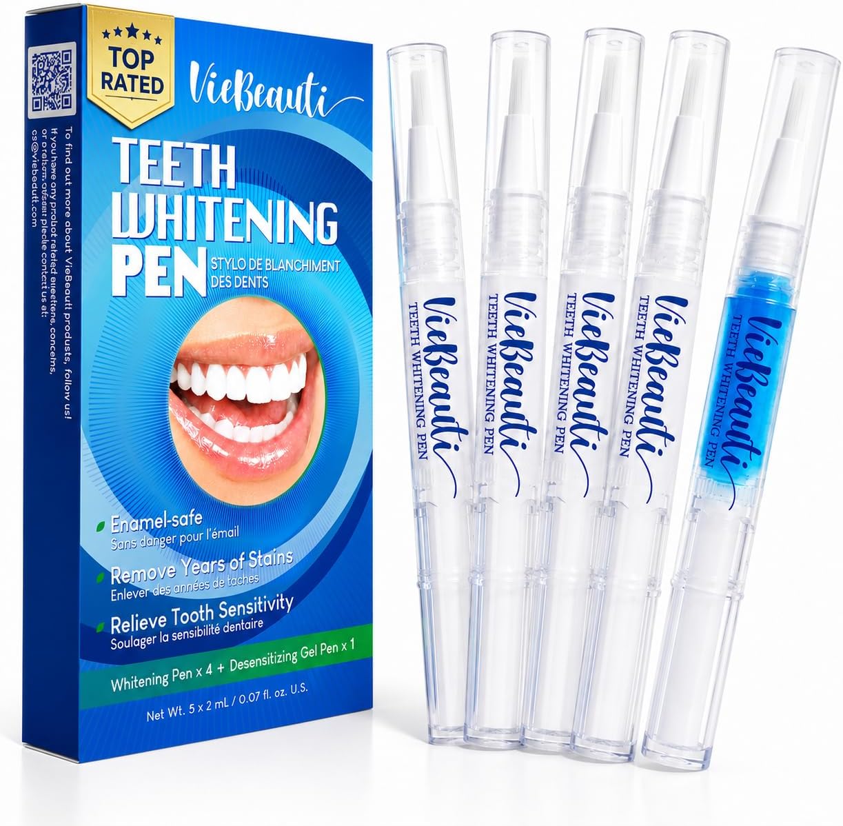 Viebeauti Teeth Whitening Pen Kit, 35% Carbamide Peroxide Gel, 5 Pack | Stain Removal Gel Gentle On Enamel | 4 Whitening Pens Plus Remineralizing Pen For Sensitive Teeth | Mint Flavor