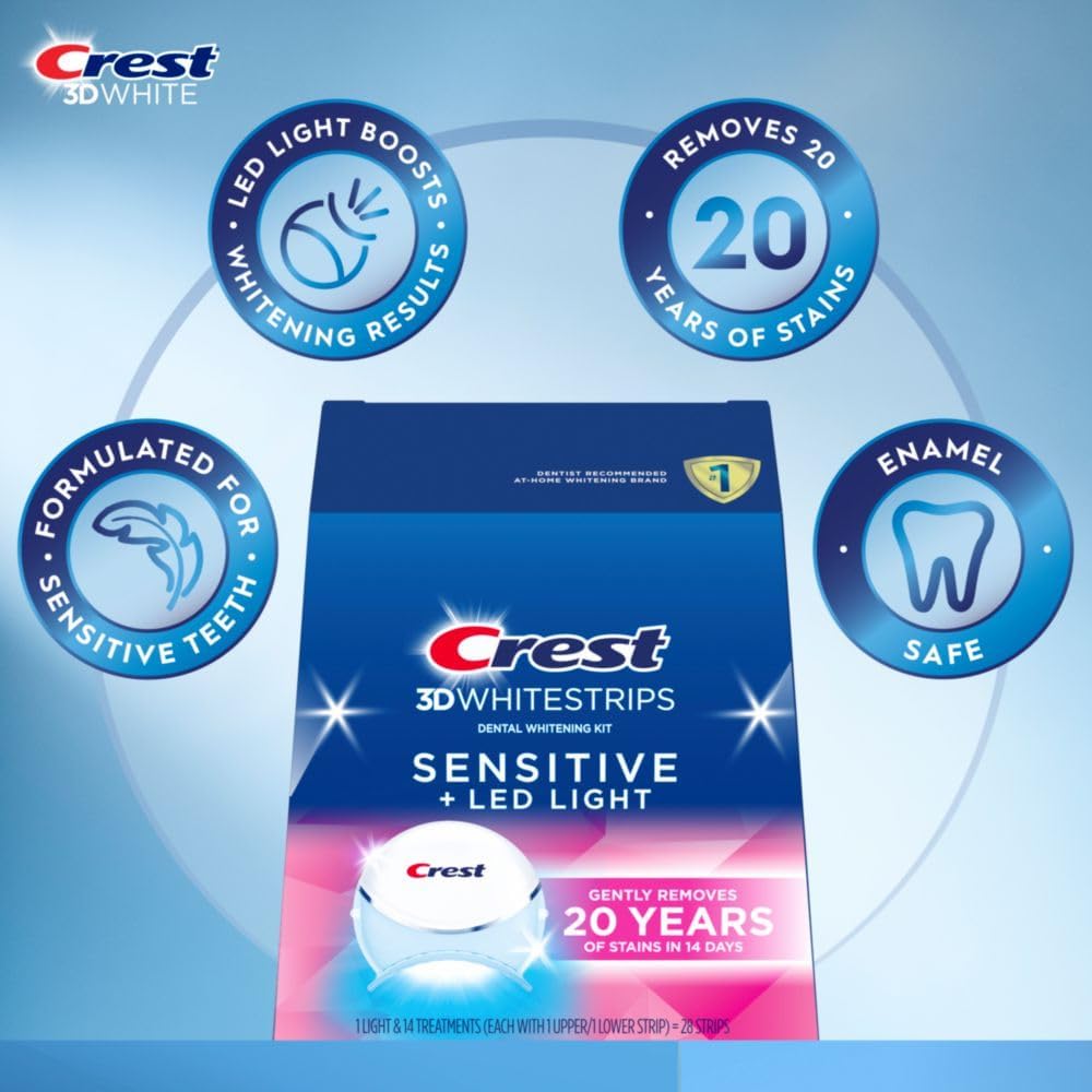 Crest 3D Whitestrips Sensitive & Gentle + LED Light – Teeth Whitening Kit, 1 Light + 14 Treatments, Each With 1 Upper/1Lower, 28 Strips – Crest 3Dwhite Teeth Whitening Strips