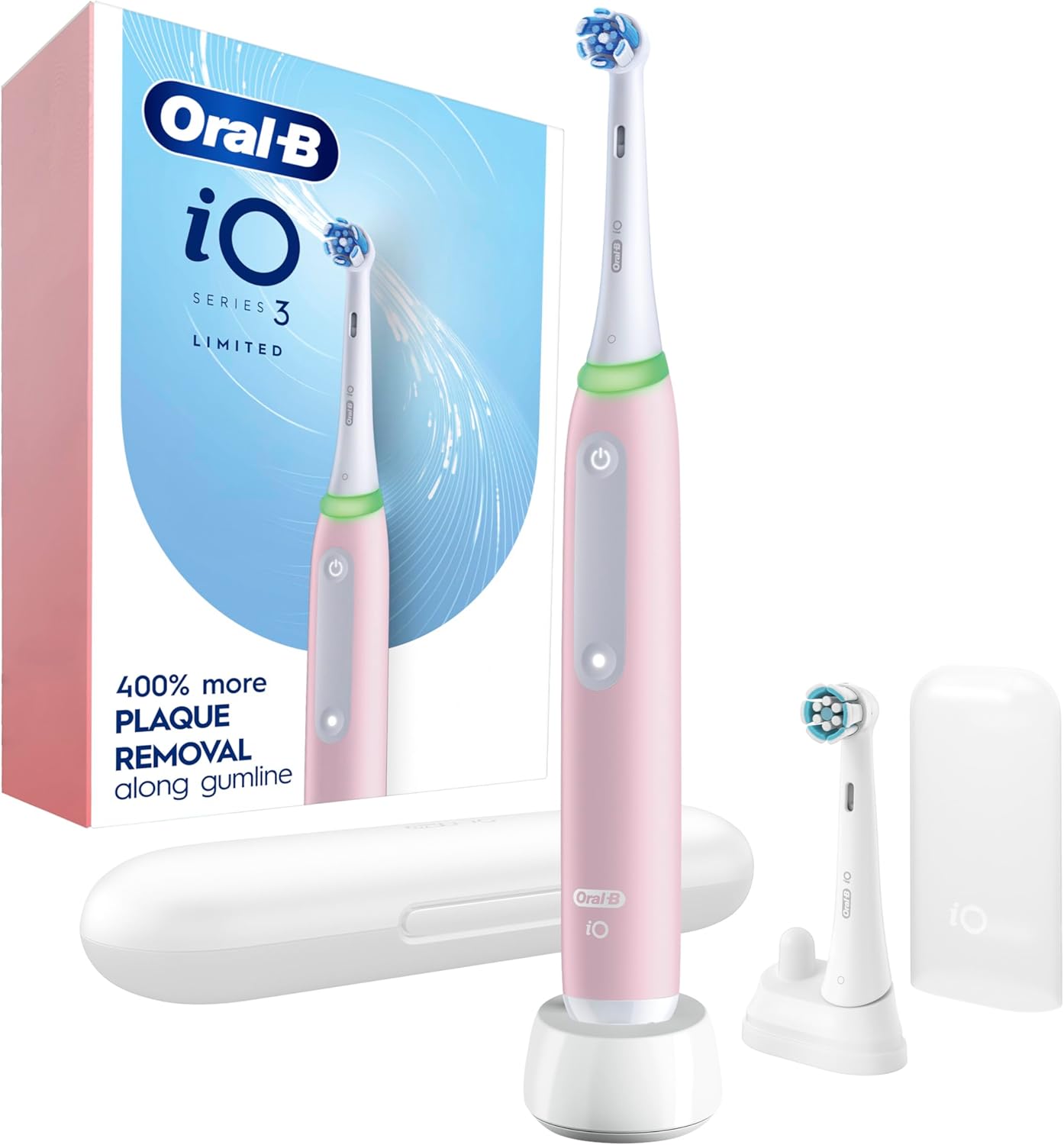Oral-B Rechargeable Electric Toothbrush, Io3 Limited Deep Clean, 3 Cleaning Modes, Visual Pressure Sensor To Protect Gums, 2 Brush Heads, Travel Case, Azalea Pink