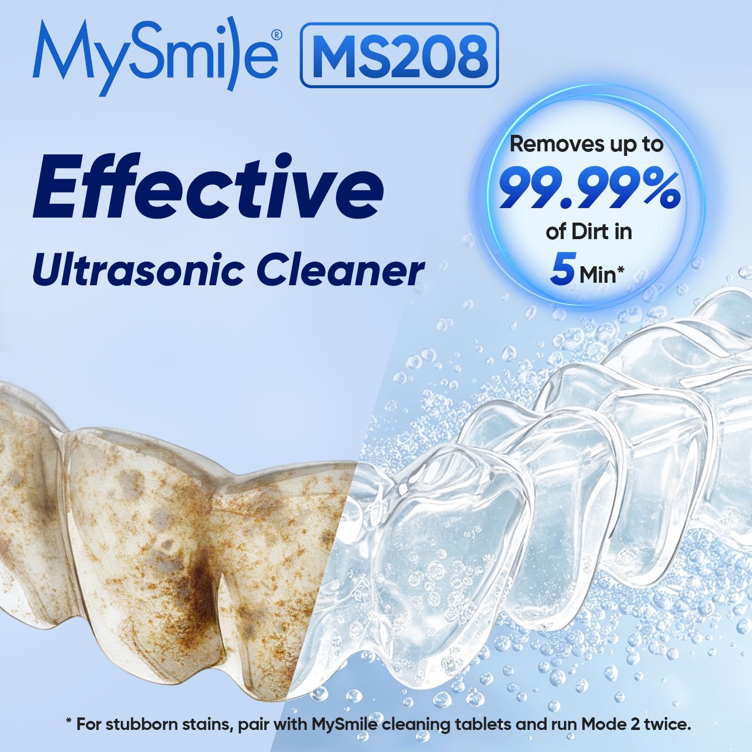 Mysmile Ms208 Ultrasonic Retainer Cleaner With Uv Light & Digital Timer | 42-48 Khz, 4 Uv, 4 Modes, 200Ml Capacity, View Window, Portable Size, Low Noise, For Dentures, Mouth Guard, Aligner, Black