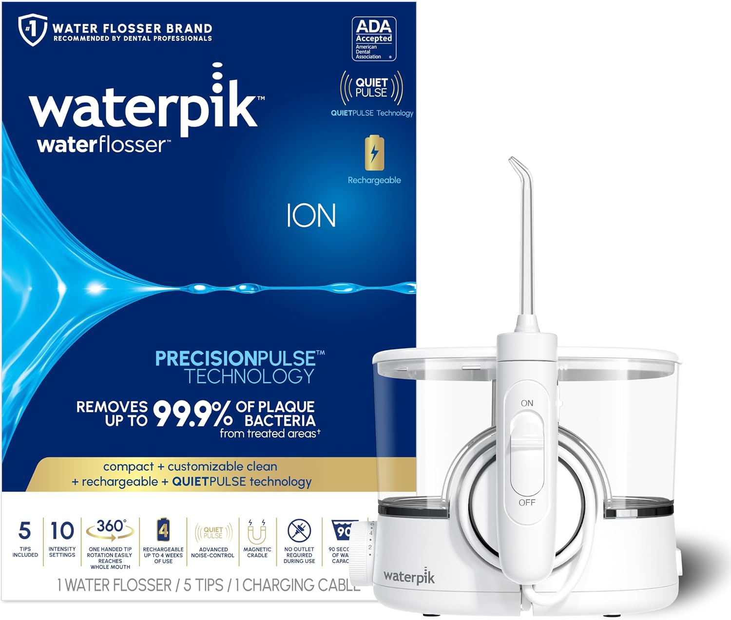 Waterpik Ion Rechargeable Water Flosser With 10 Settings, 5 Tips, White
