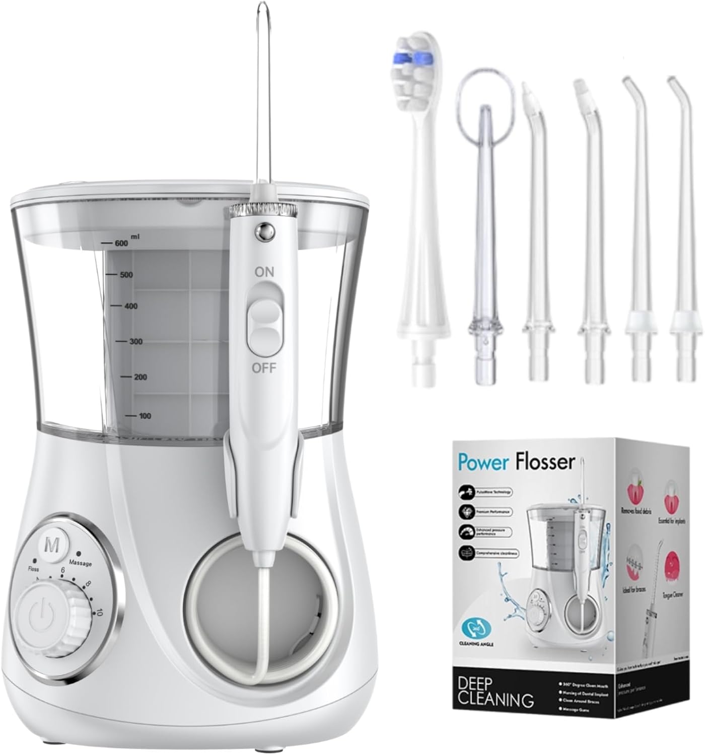 Electric Power Water Flosser, 600Ml Corded Oral Irrigator Professional Dental Pick With 6 Jet Tips And 10 Pressure Levels For Teeth Cleaning, Orthodontic, Gums, Braces, Dental Care, Family Use (White)