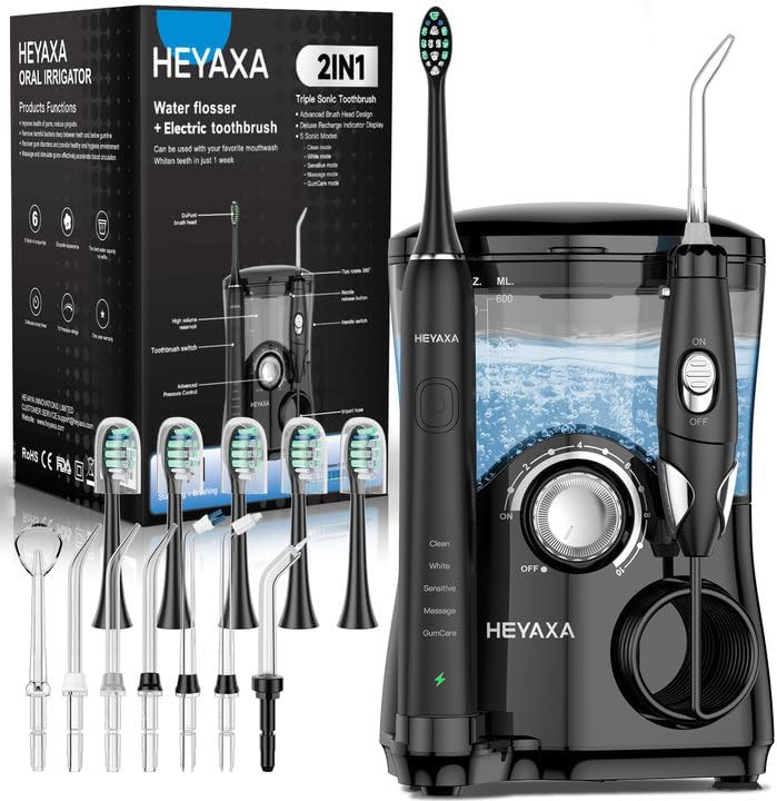 Highlights the overall bundle, compact countertop footprint, and the fact that this is an all-in-one oral care system.